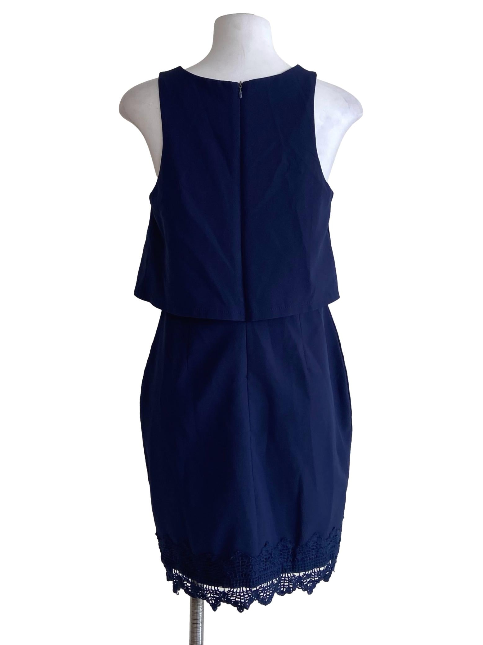 Navy Blue Overlay Floral Lace Shift Dress