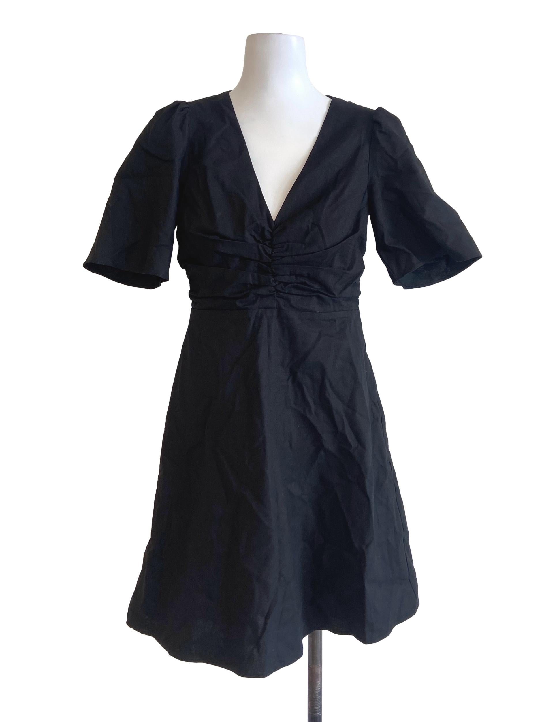Black Twill V Neck Apron Dress