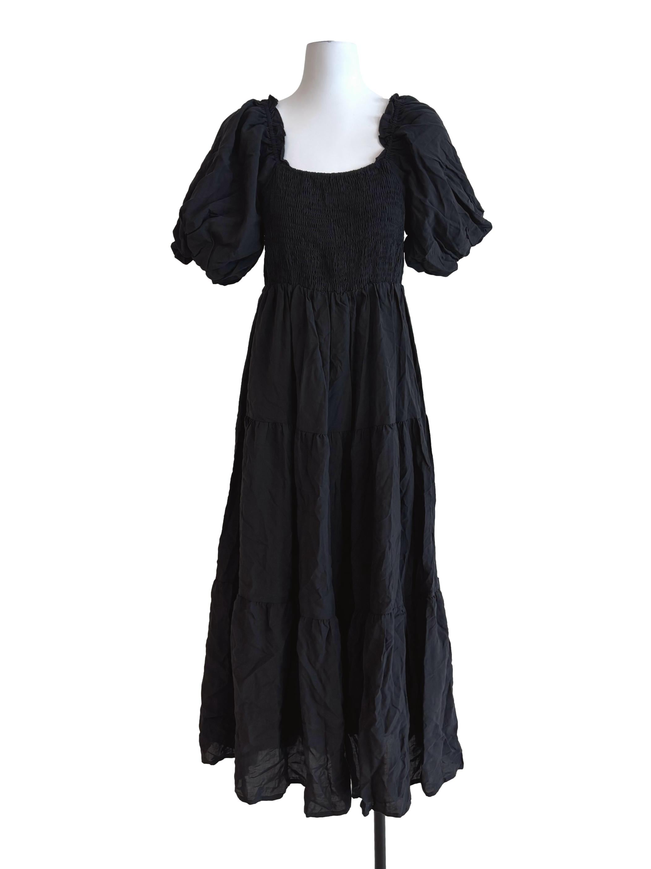 Jet Black Cotton Smocked Tier Dress TEM