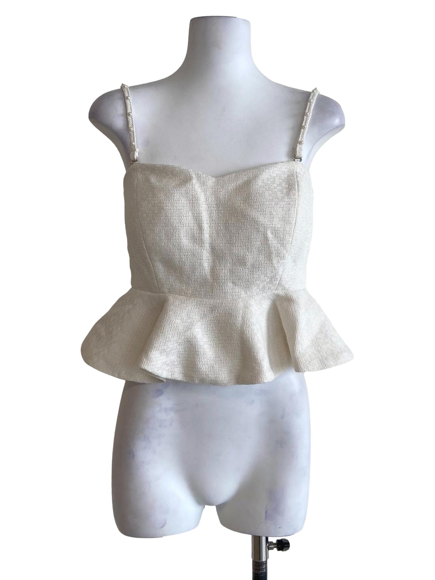White Pearl Straps Tweed Peplum Top