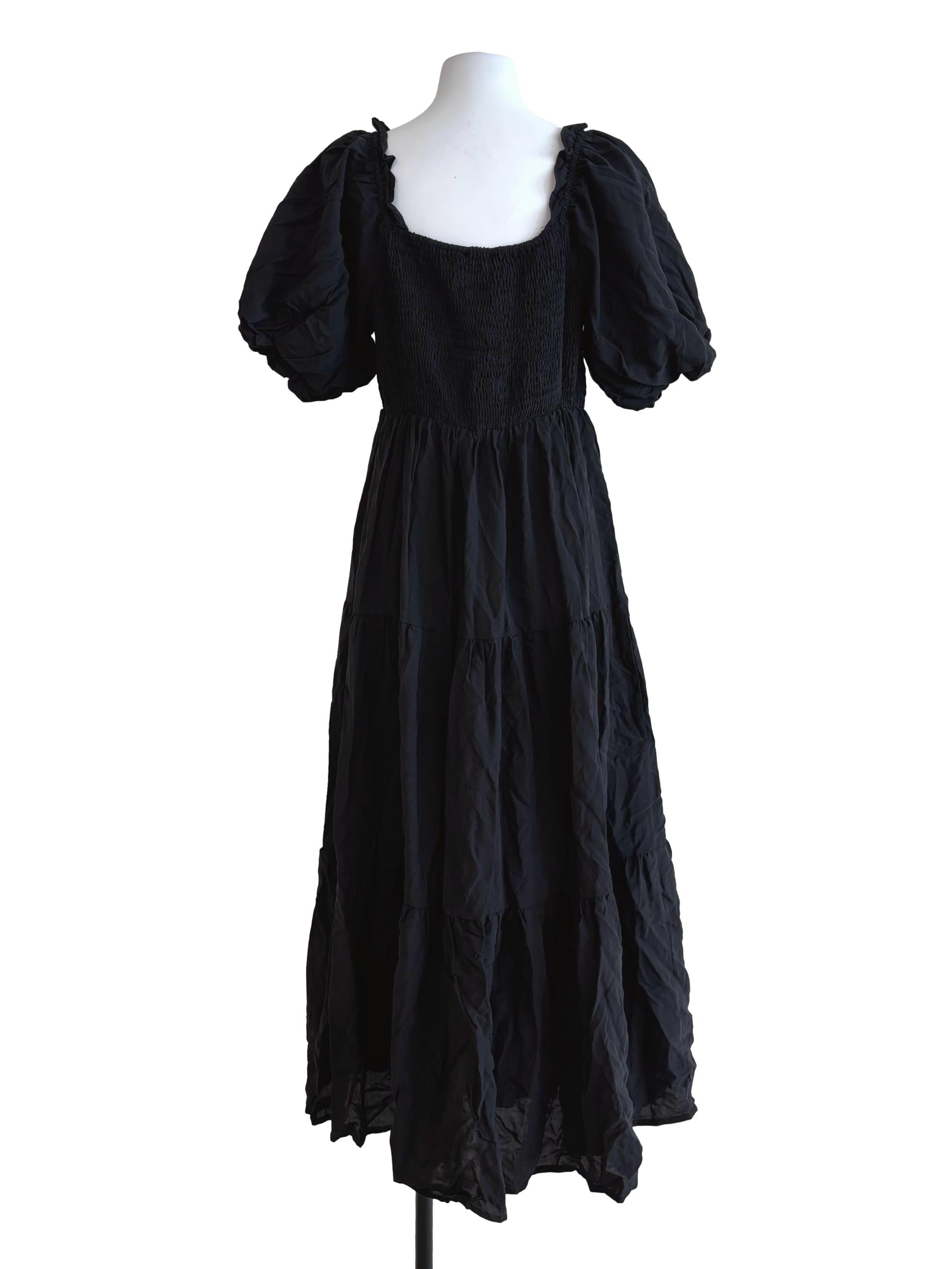 Jet Black Cotton Smocked Tier Dress TEM