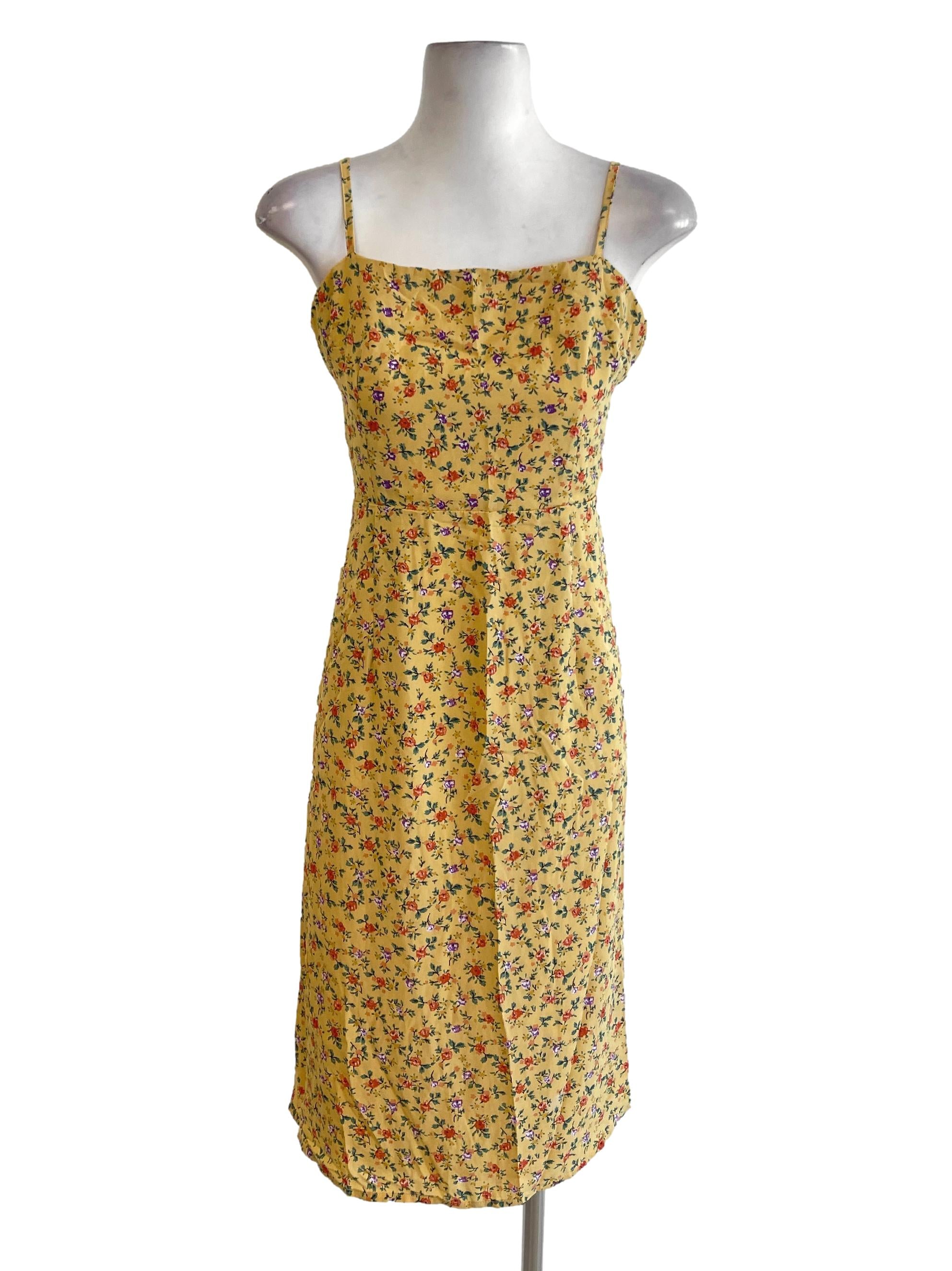 Yellow Canary Floral Spaghetti Strap A Line Dress TTR