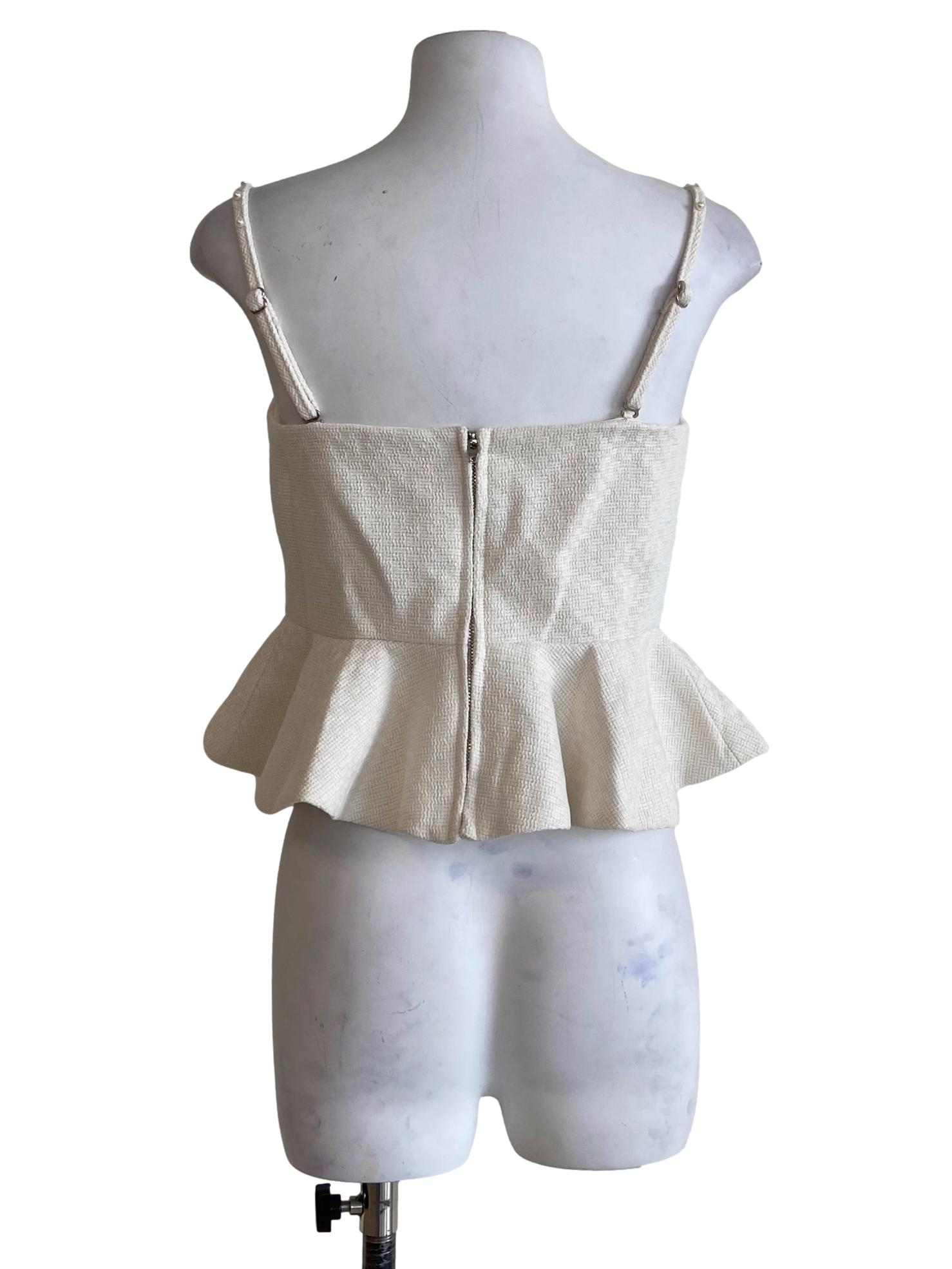 White Pearl Straps Tweed Peplum Top