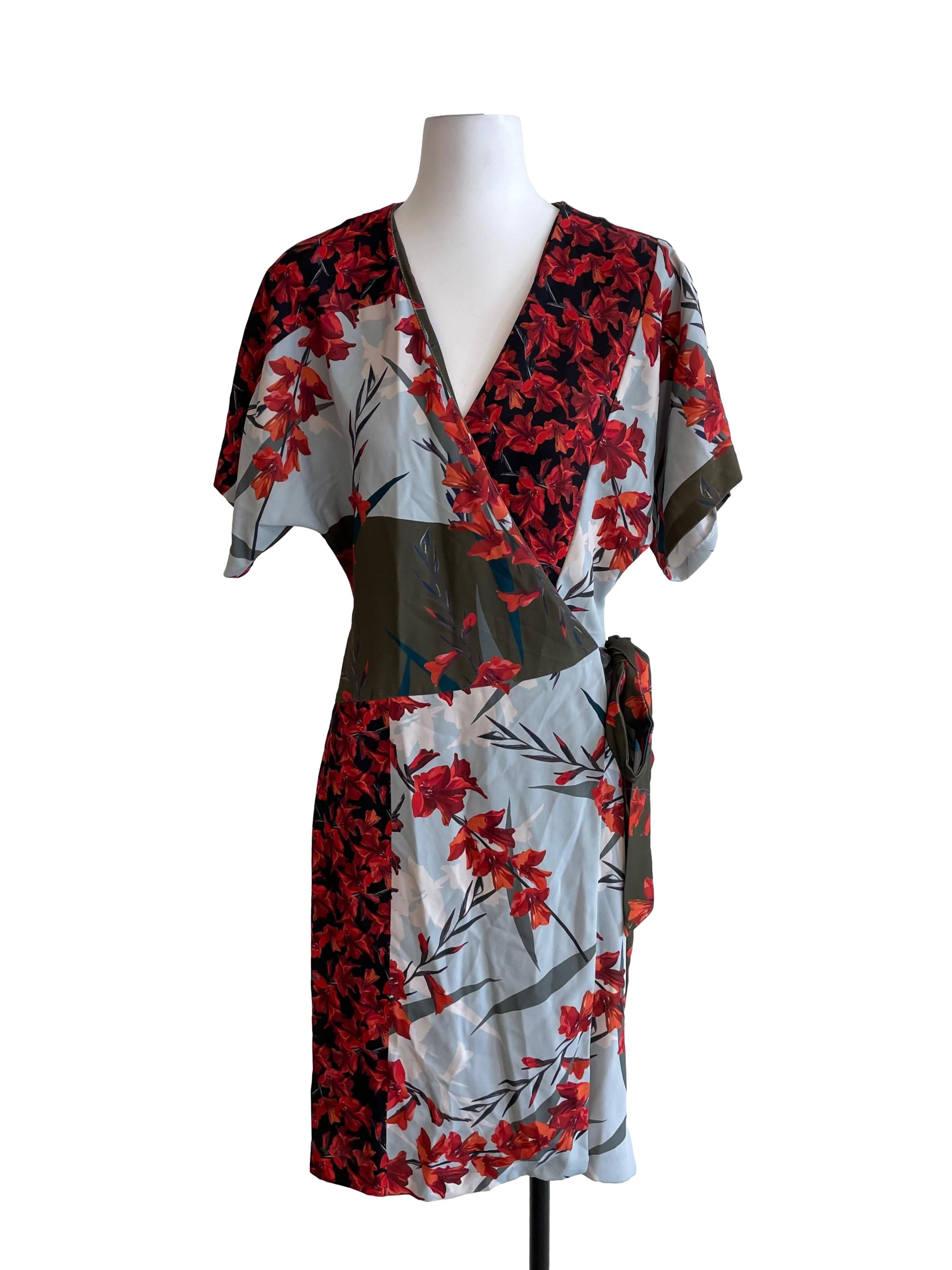 Light Blue Contrast Floral Wrap Dress