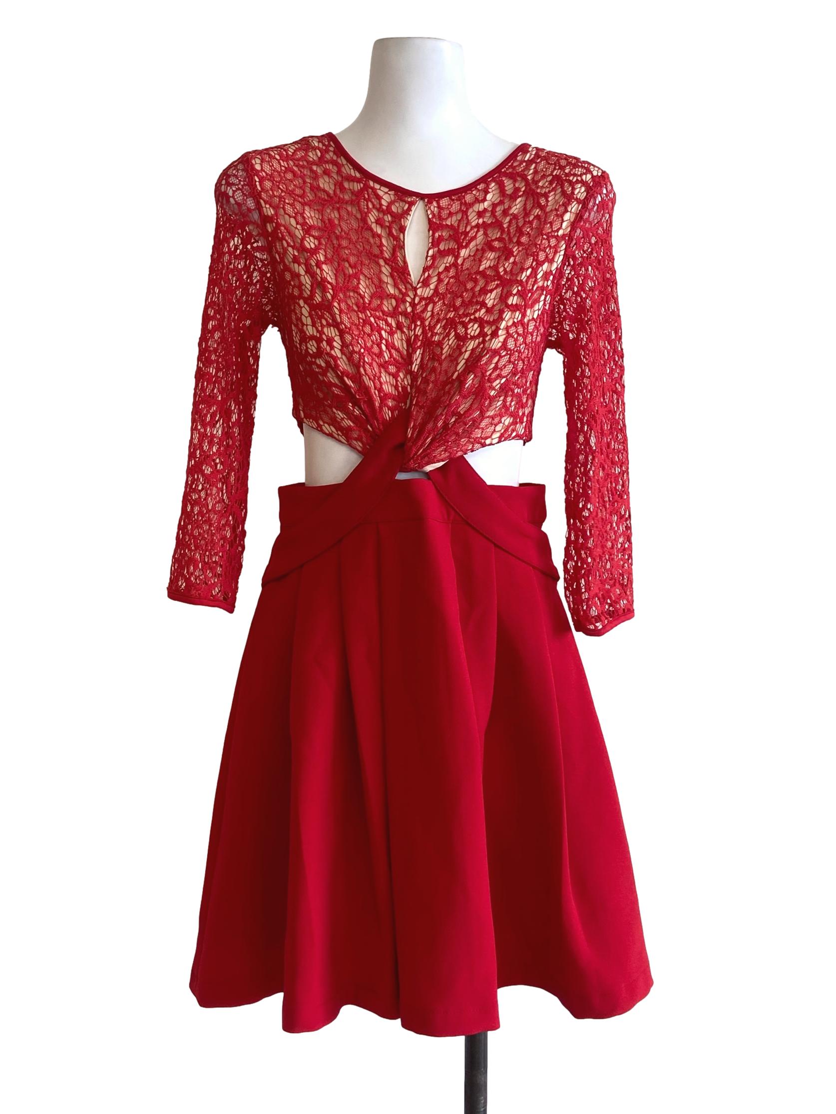 Rose Red Half Lace A-Line Dress