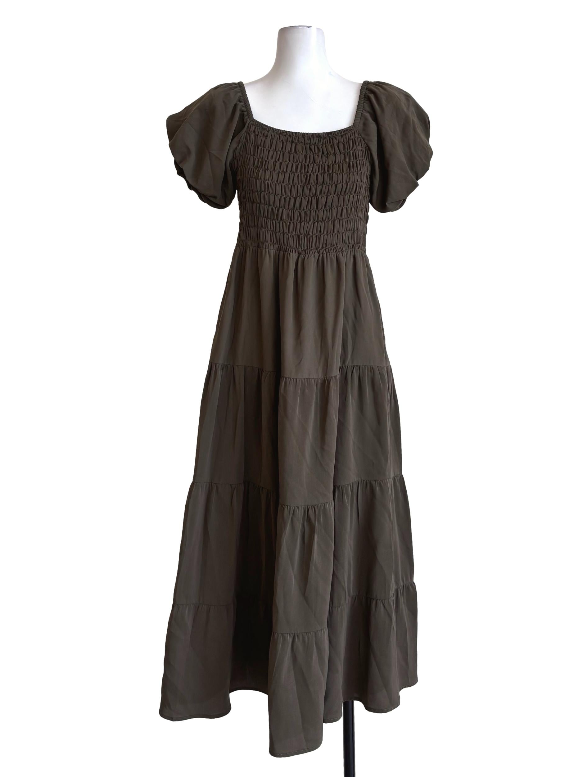 Taupe Brown Short Puff Sleeve Fitted Body Dress