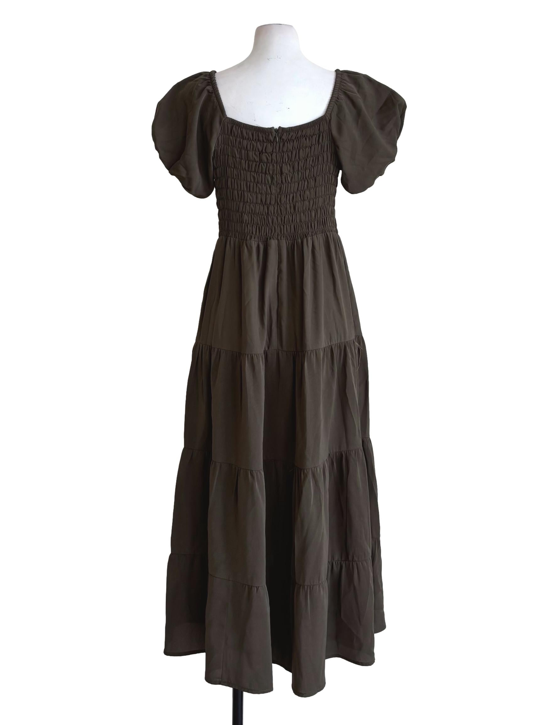 Taupe Brown Short Puff Sleeve Fitted Body Dress