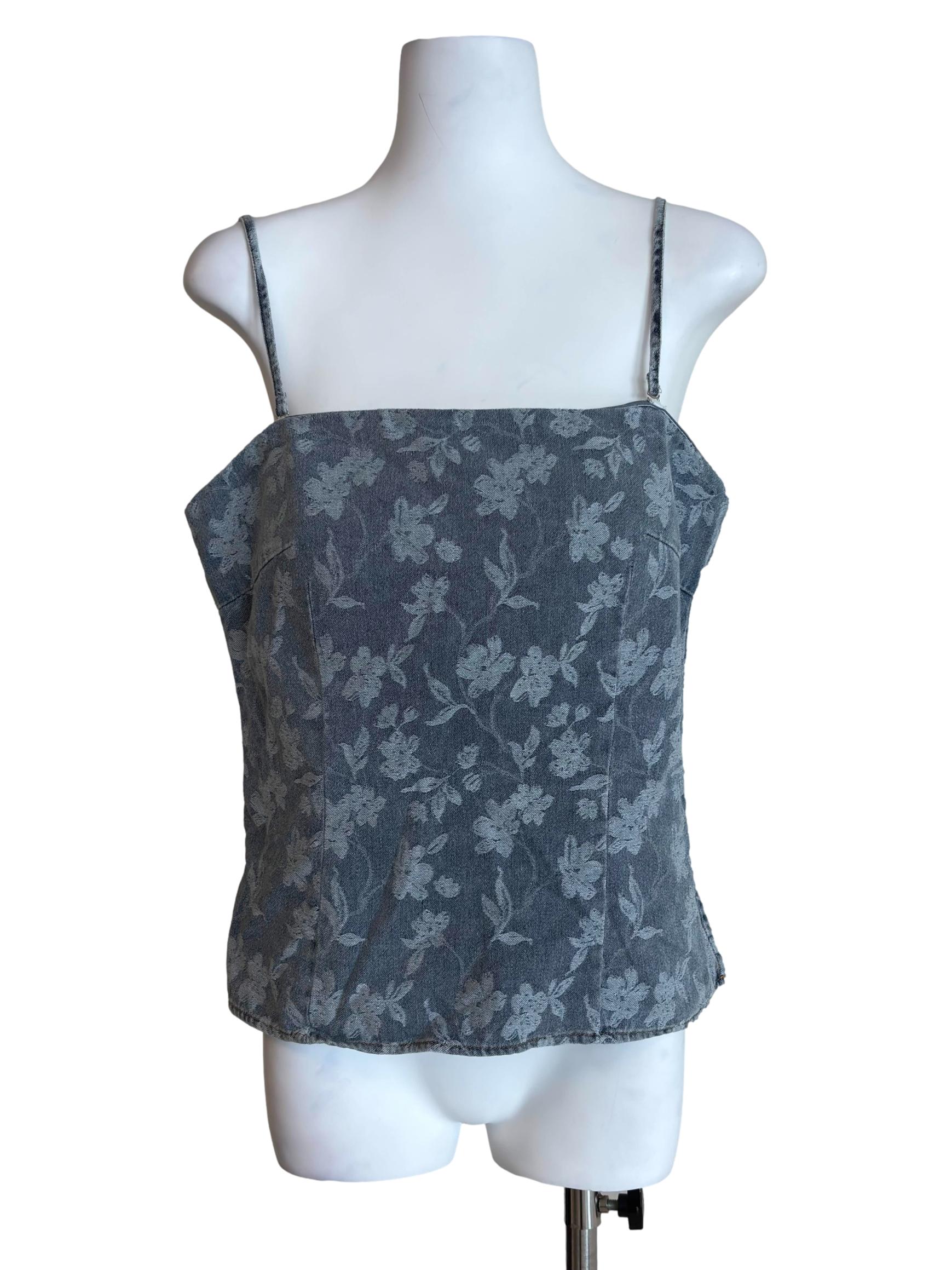 Washed Blue Floral Pattern Denim Top