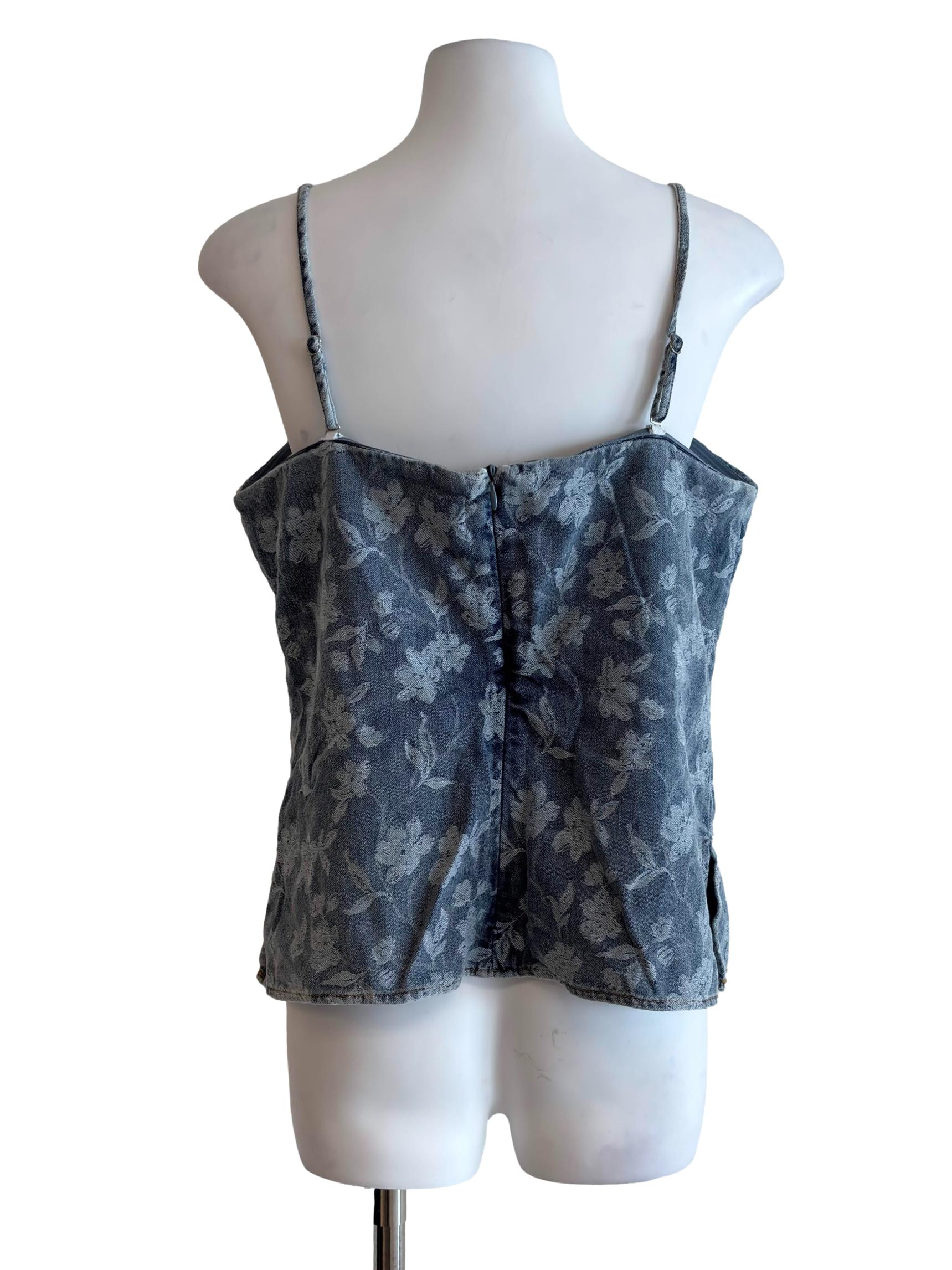 Washed Blue Floral Pattern Denim Top