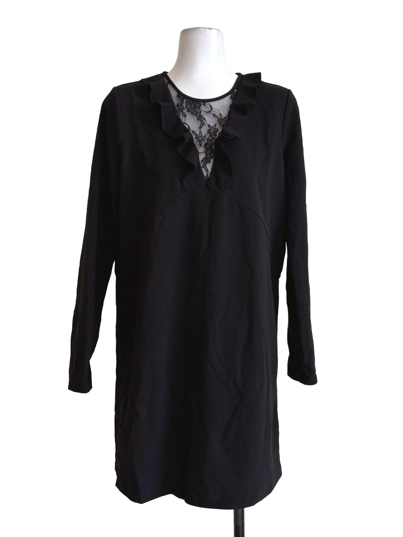 Soft Black Long Sleeve Lace Neckline Dress