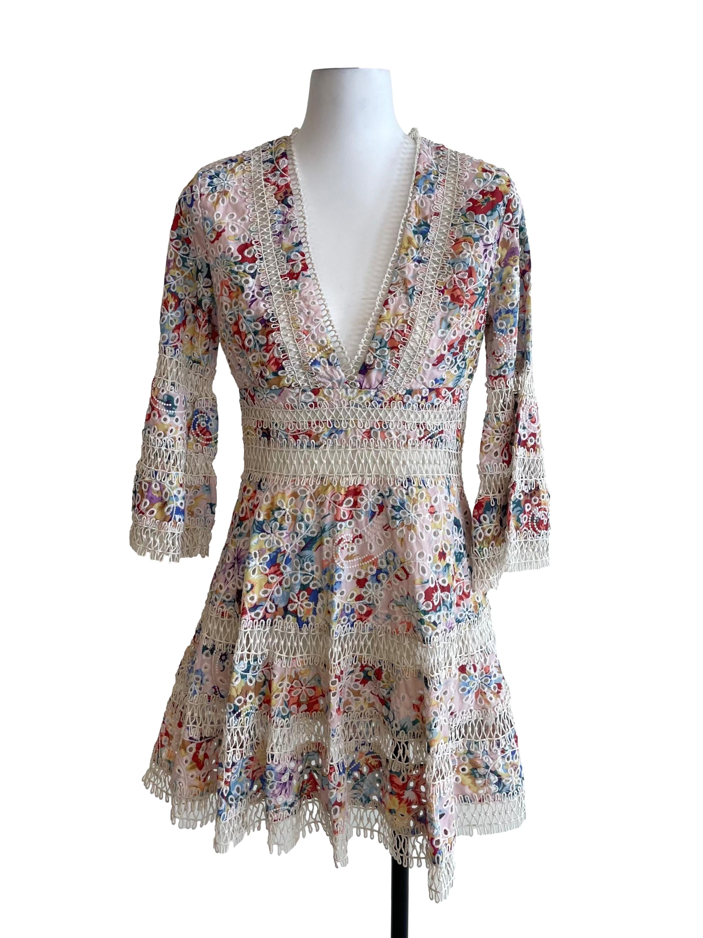 Off White Floral Bell Sleeves Trace Dress
