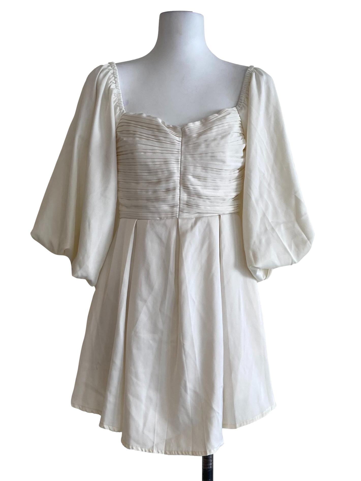 White Puff Sleeve Pleated Mini Dress
