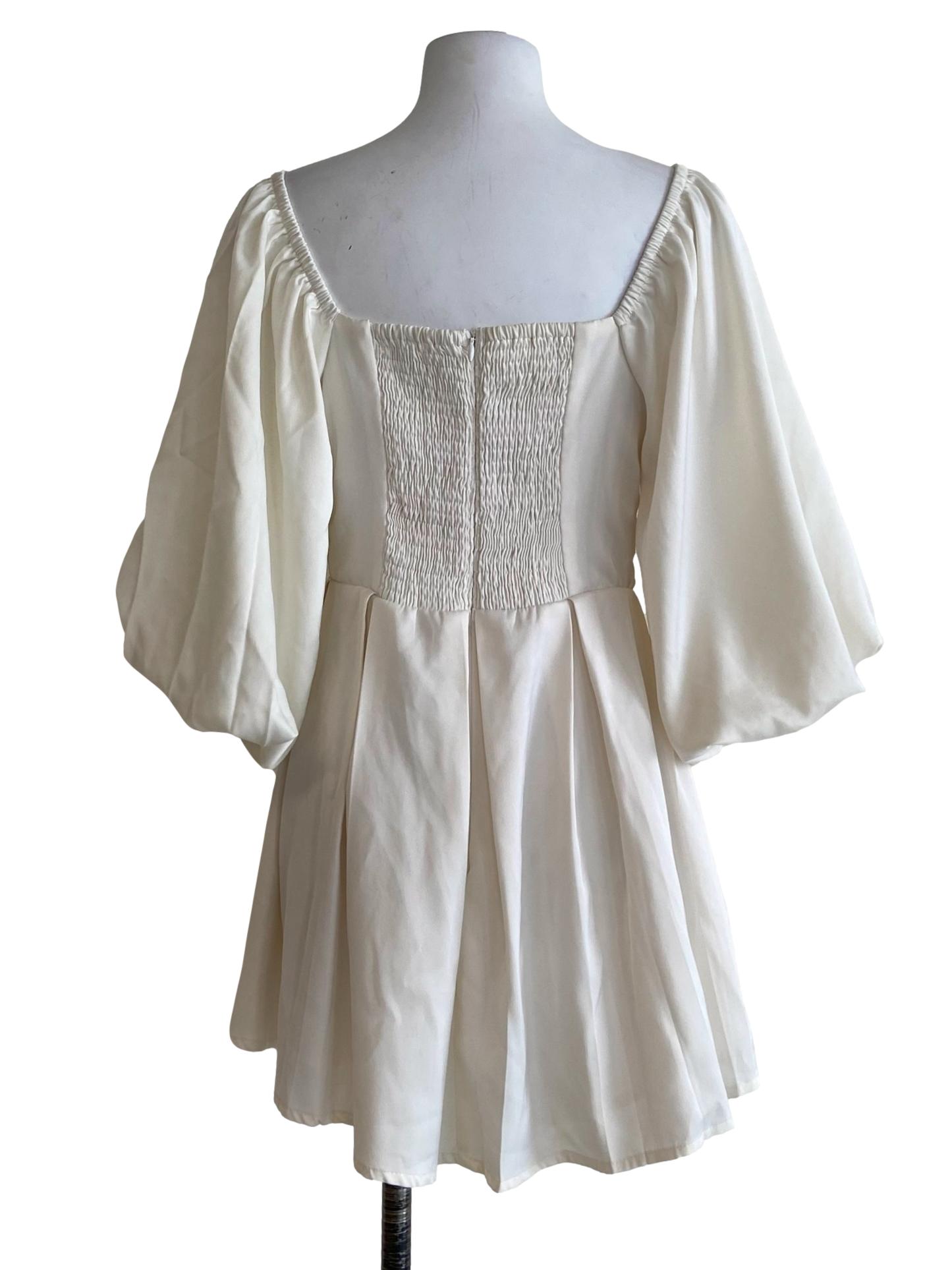 White Puff Sleeve Pleated Mini Dress