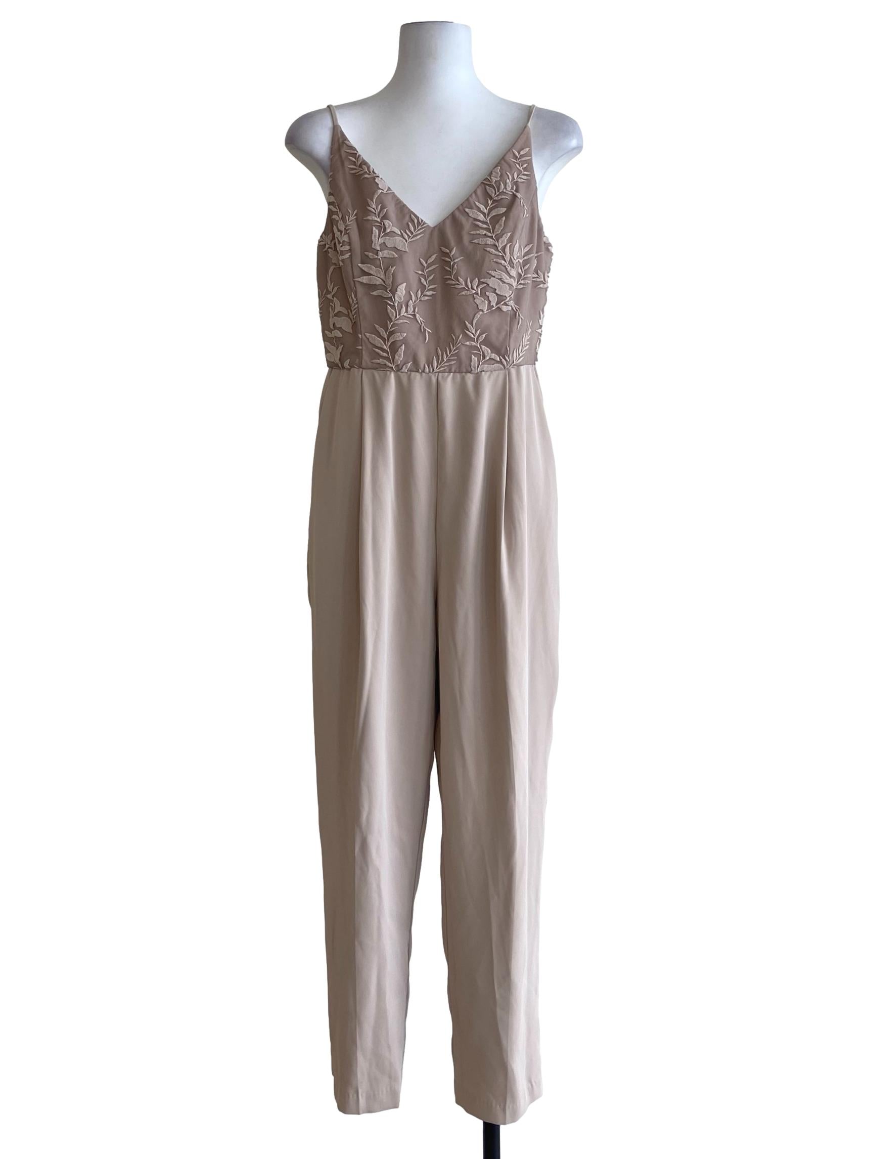 Chiffon Beige Spaghetti Strap Floral Lace Jumpsuit