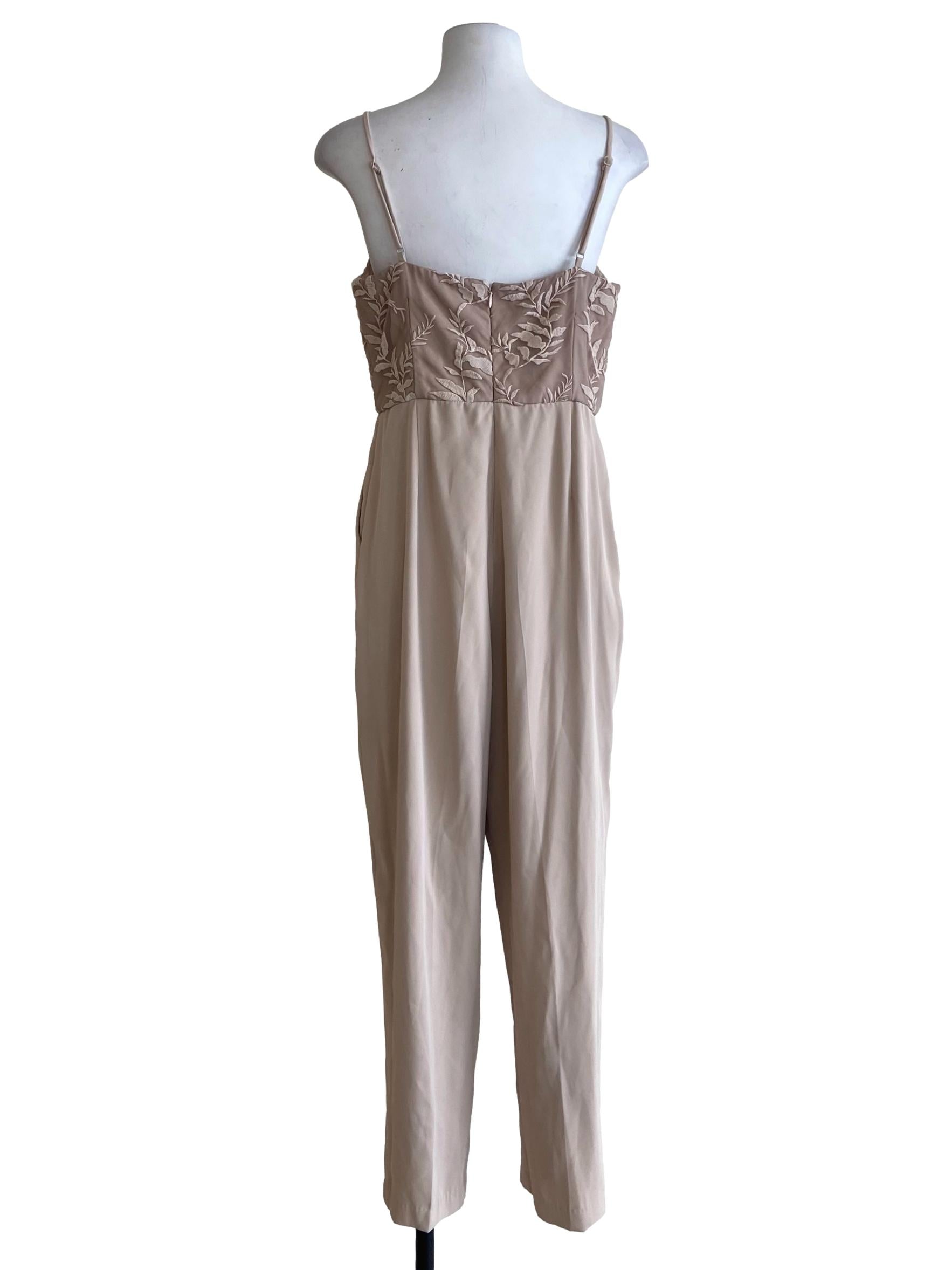 Chiffon Beige Spaghetti Strap Floral Lace Jumpsuit