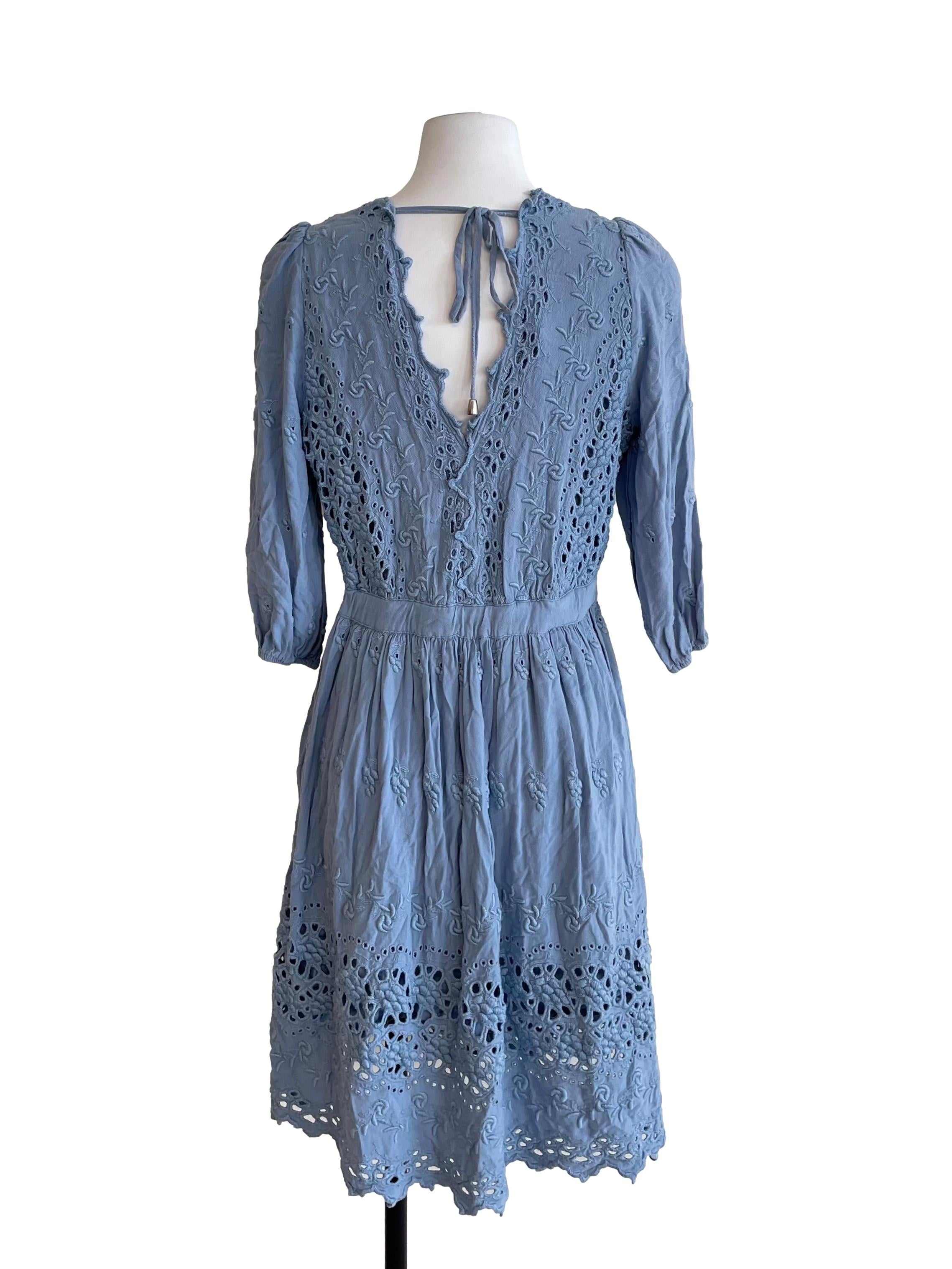 Dusty Blue V Neck Embroidery Sun Dress