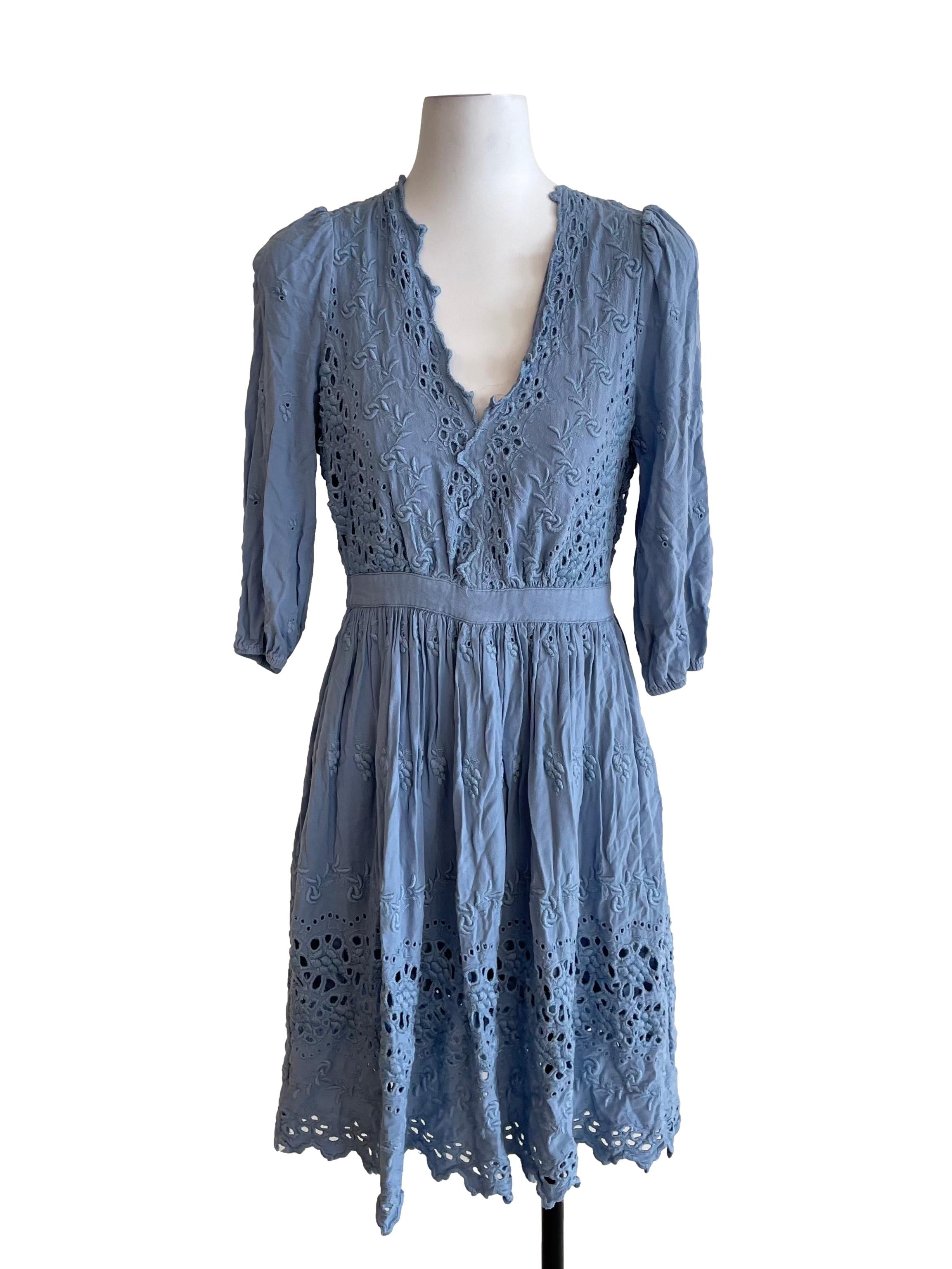 Dusty Blue V Neck Embroidery Sun Dress