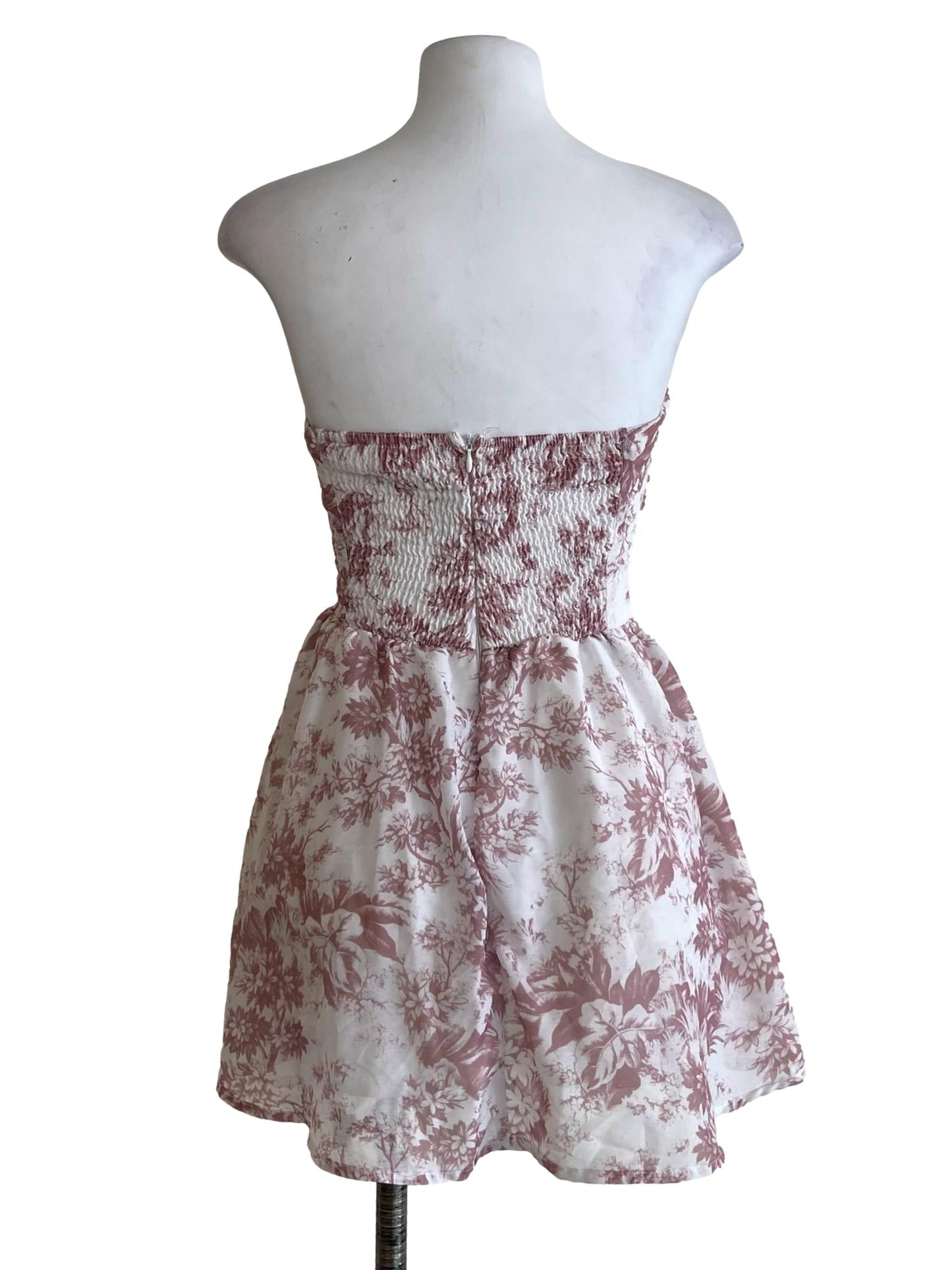 White & Pink Floral Strapless Sun Dress