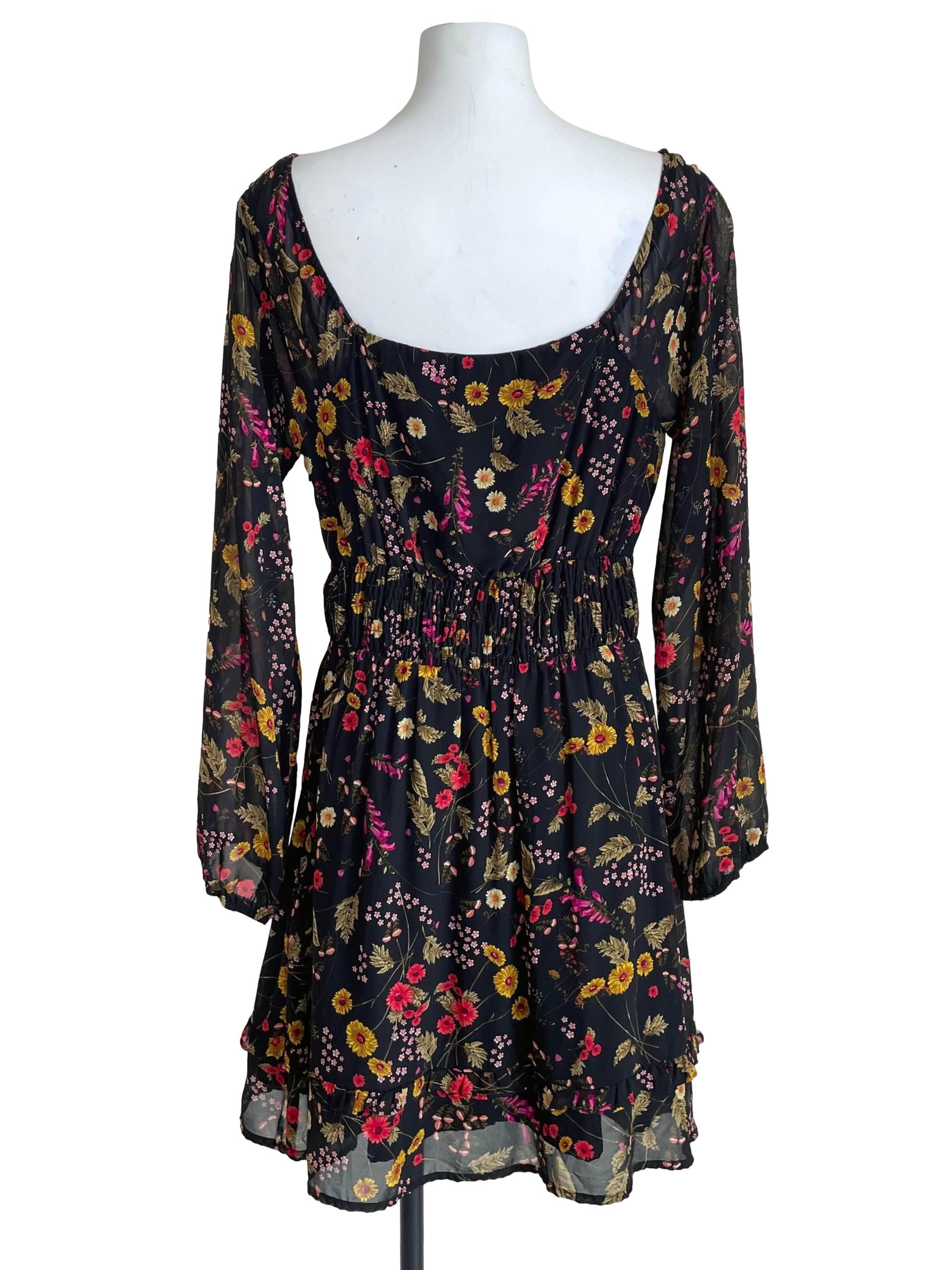 Black Floral V Neck Chiffon Dress
