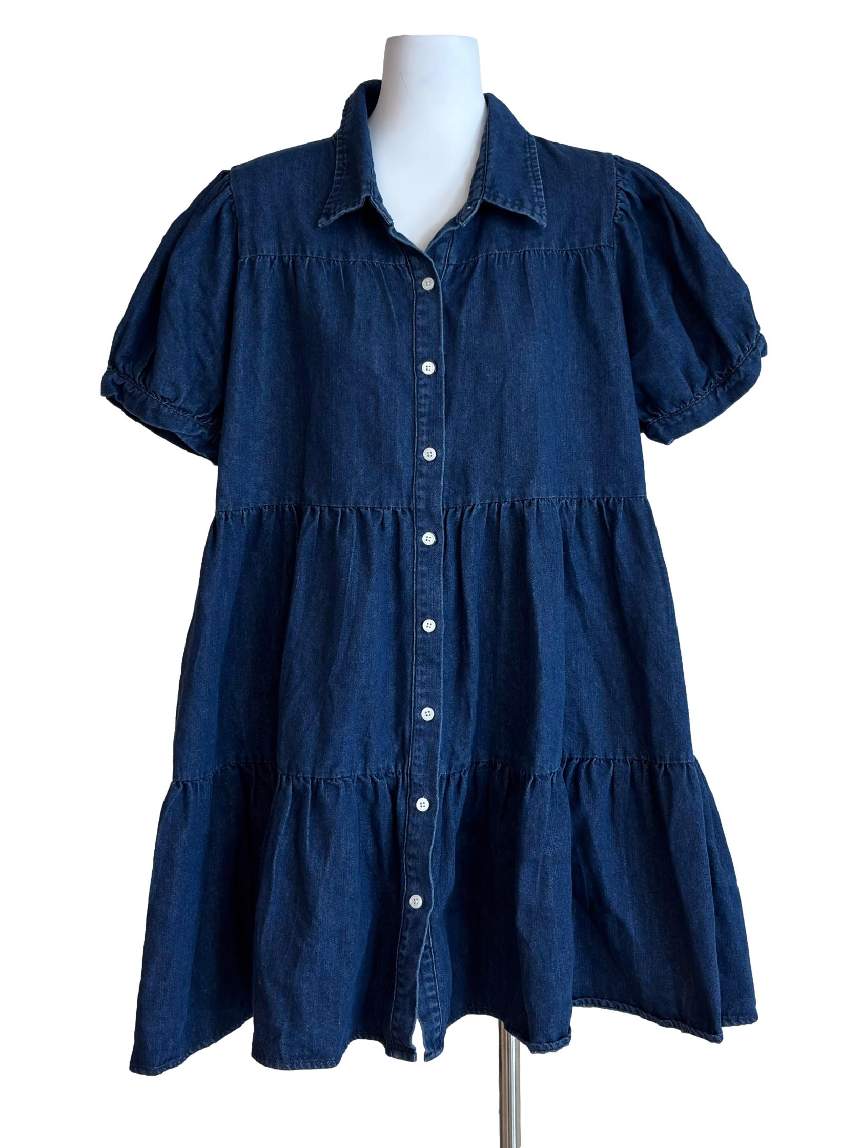 Dark Blue Denim Button Front Dress