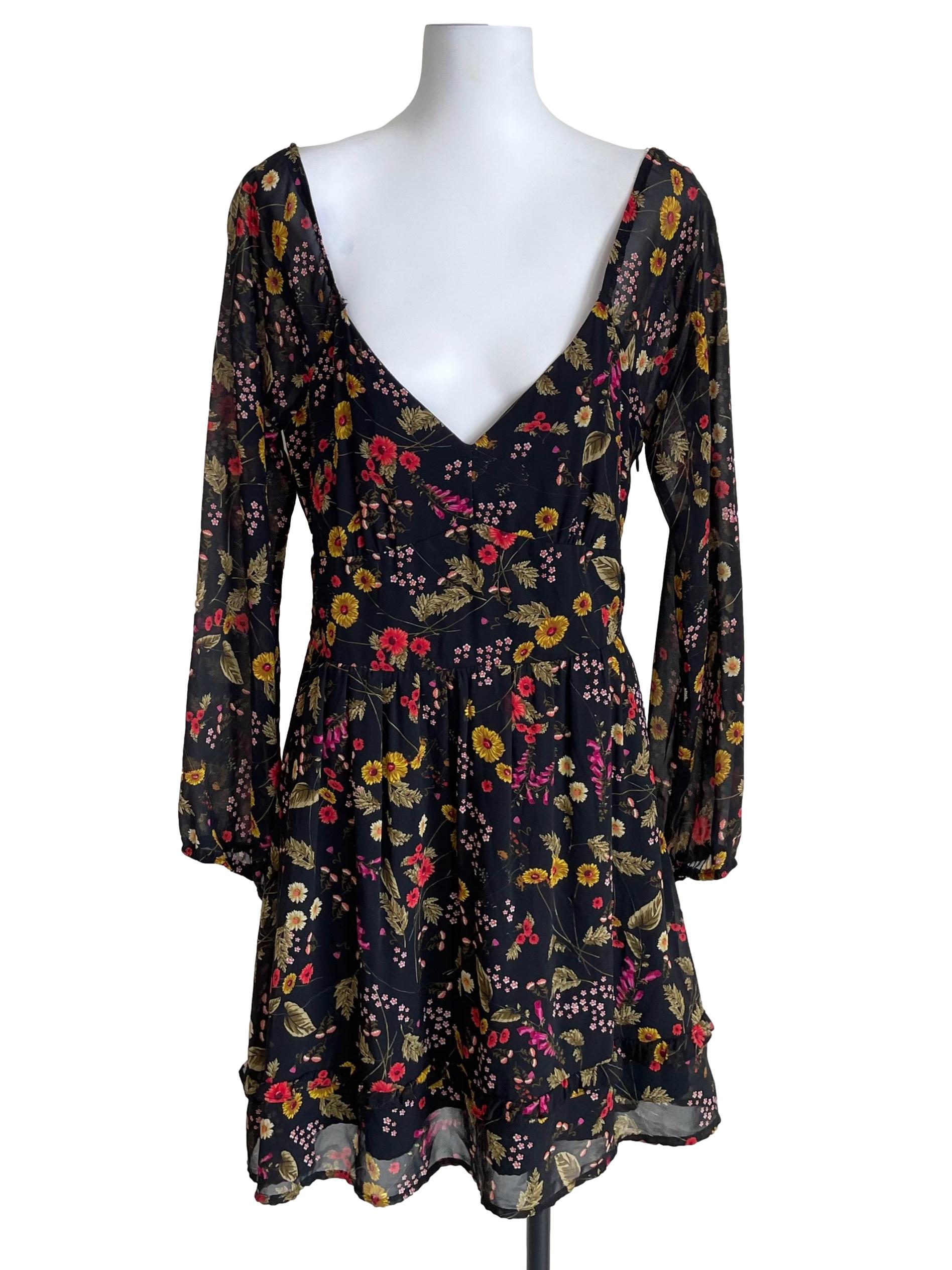 Black Floral V Neck Chiffon Dress