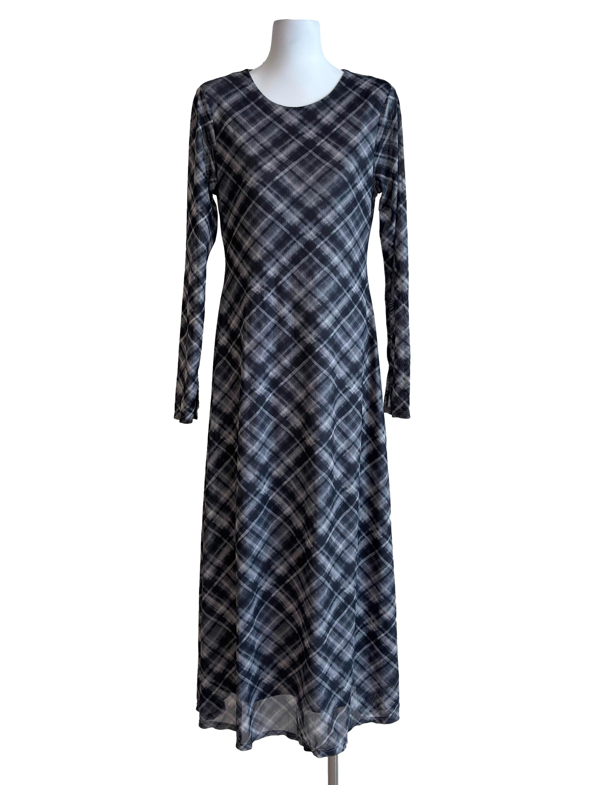 Grey Tones Checks Print Mesh Dress