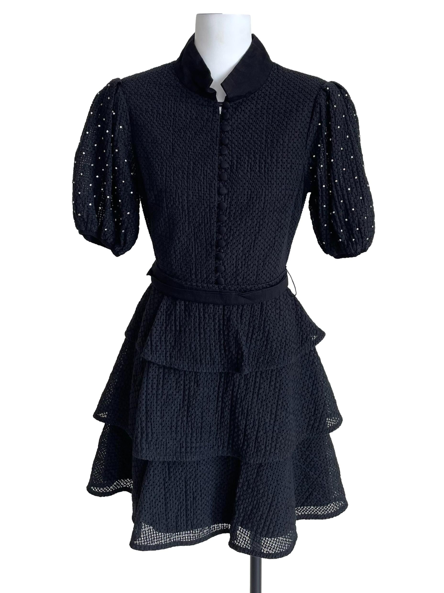 Black Rhinestones Puff Sleeves Layer Dress
