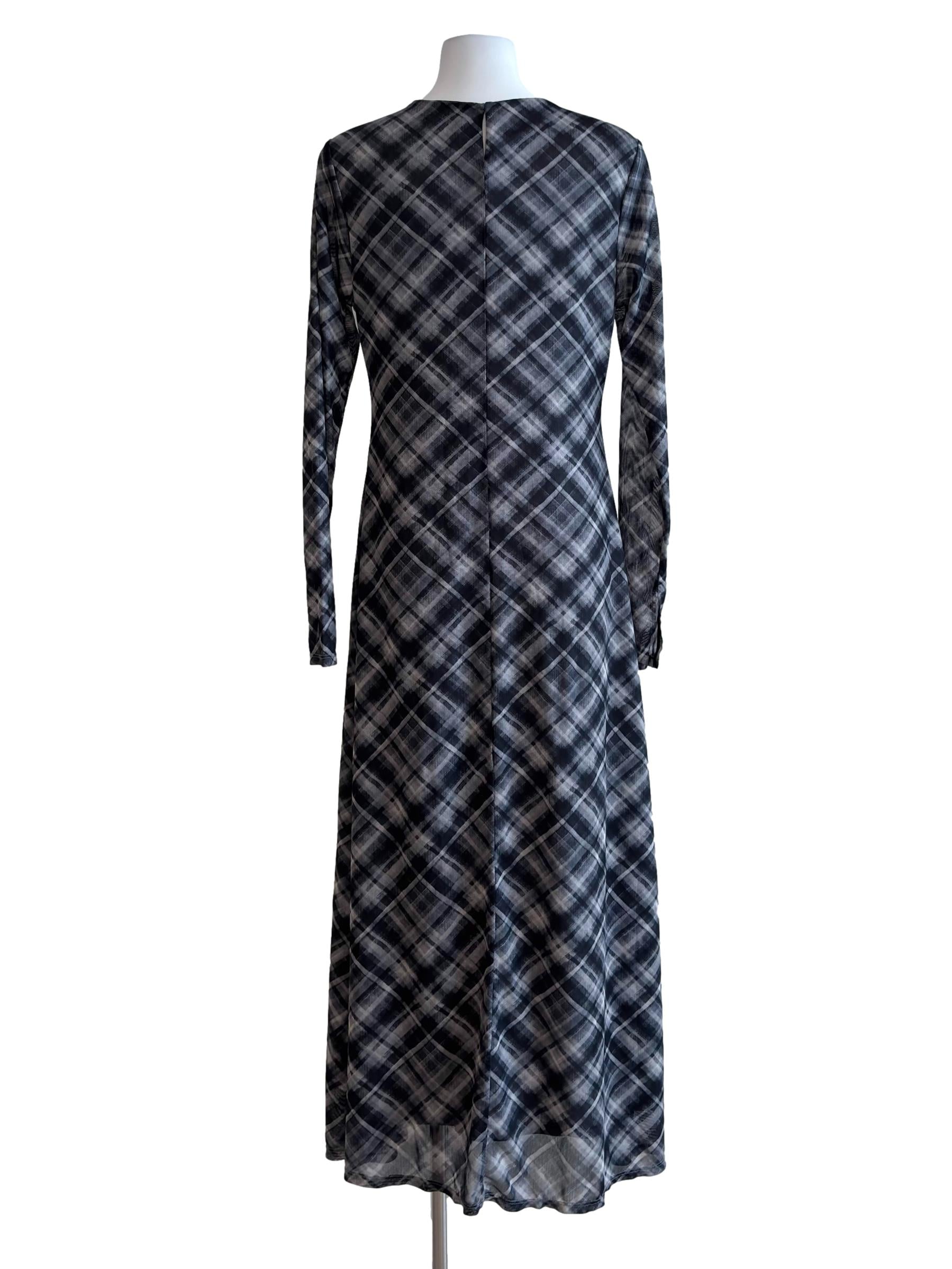 Grey Tones Checks Print Mesh Dress