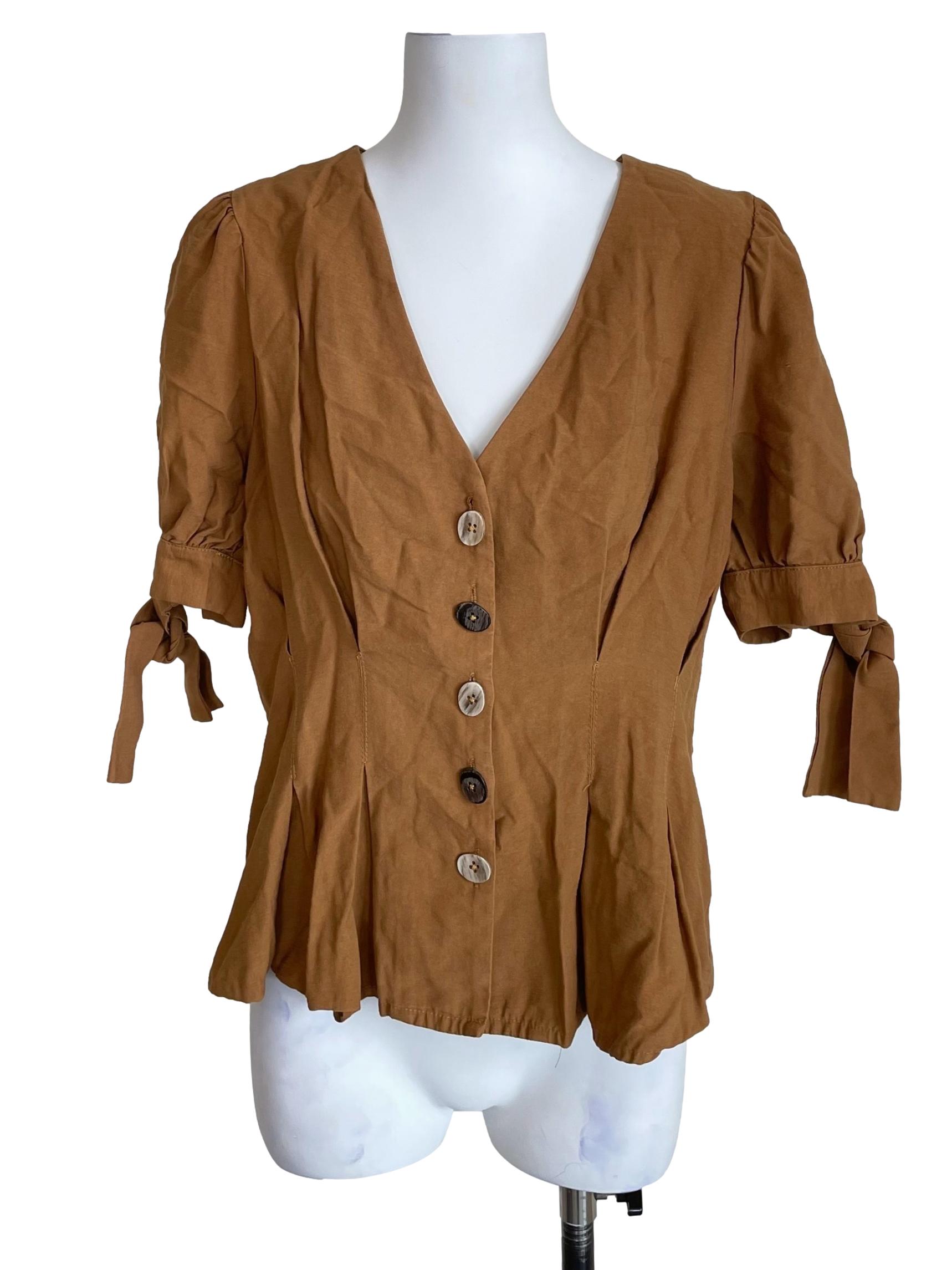 Peanut Brown Pleated Snatch Waist Top