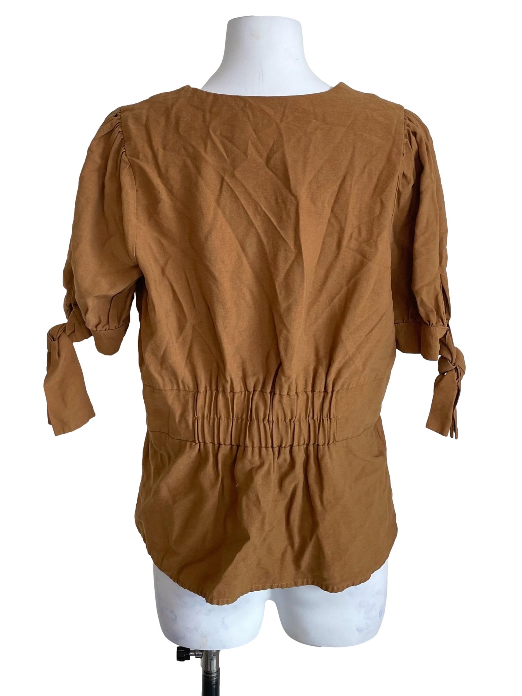 Peanut Brown Pleated Snatch Waist Top