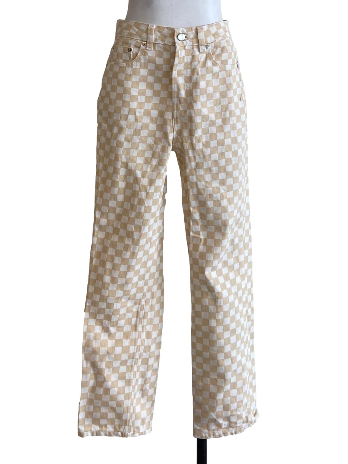 Beige White Checkered Straight Jeans