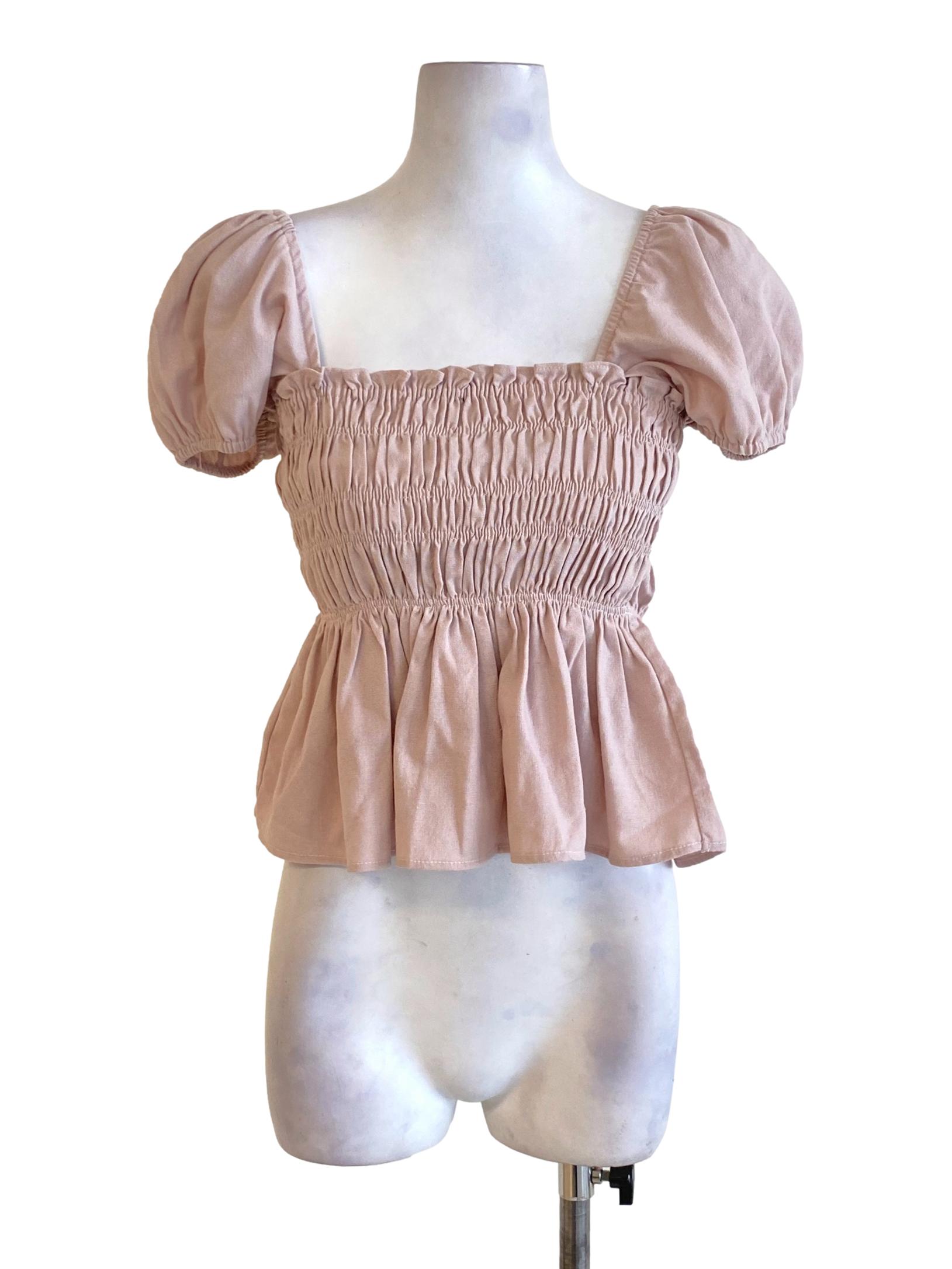 Crepe Pink Puffed Peplum Cropped Top
