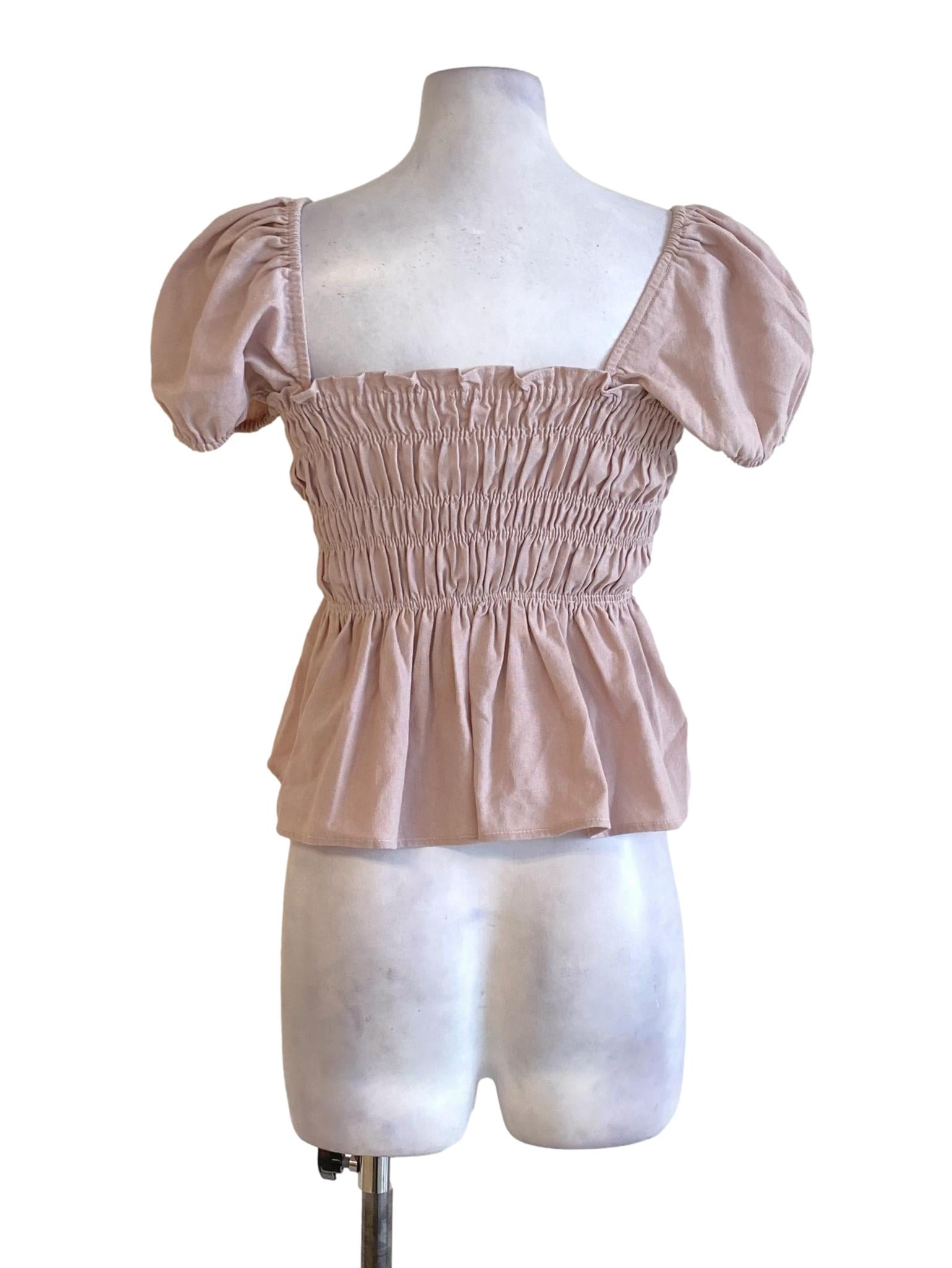 Crepe Pink Puffed Peplum Cropped Top