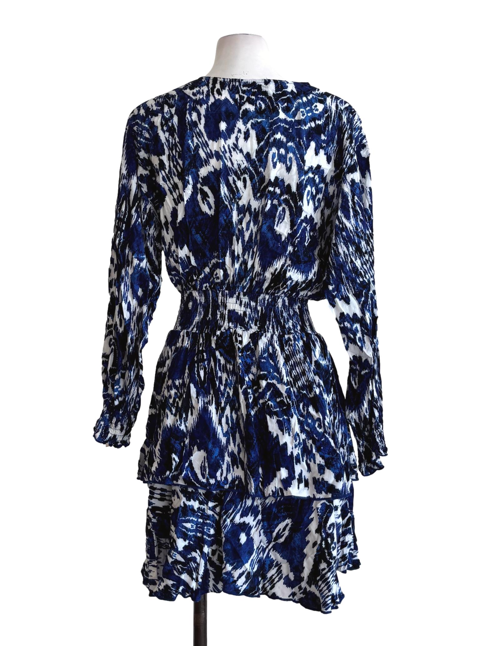 Blue Black Abstract Print Long Sleeve Dress