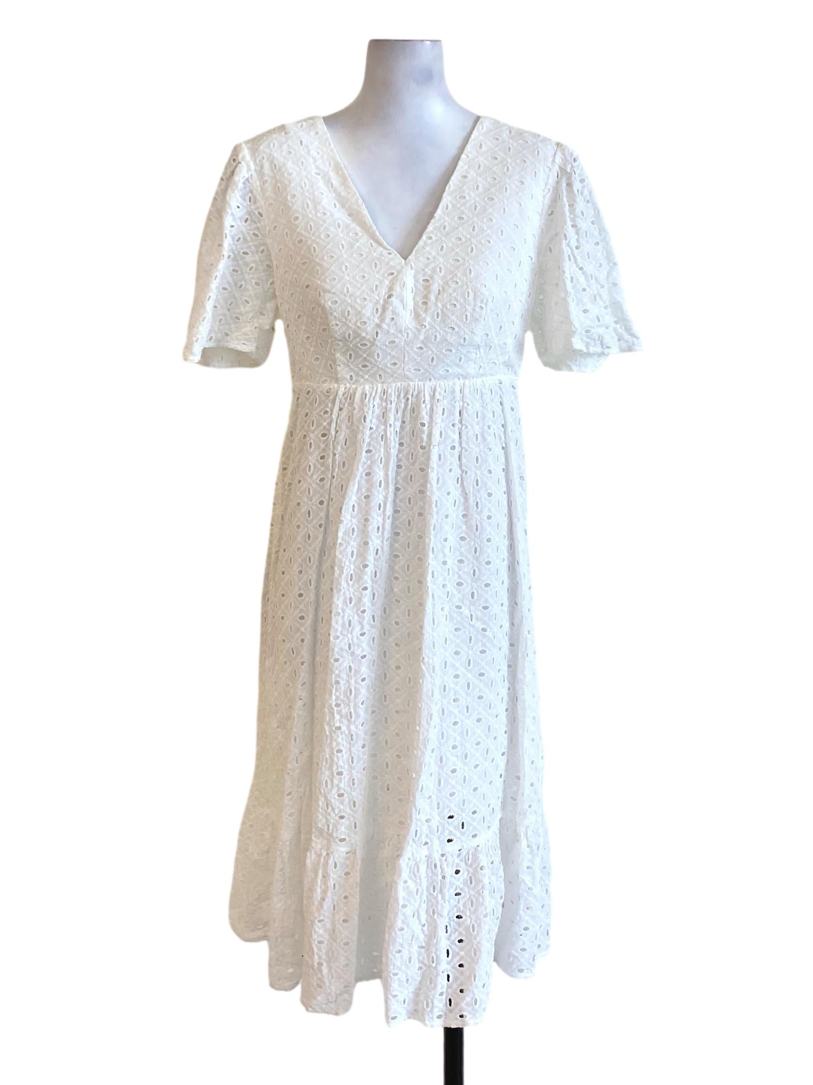 Pearl White V-Neck Floral Lace Drop Waist  Dress LB