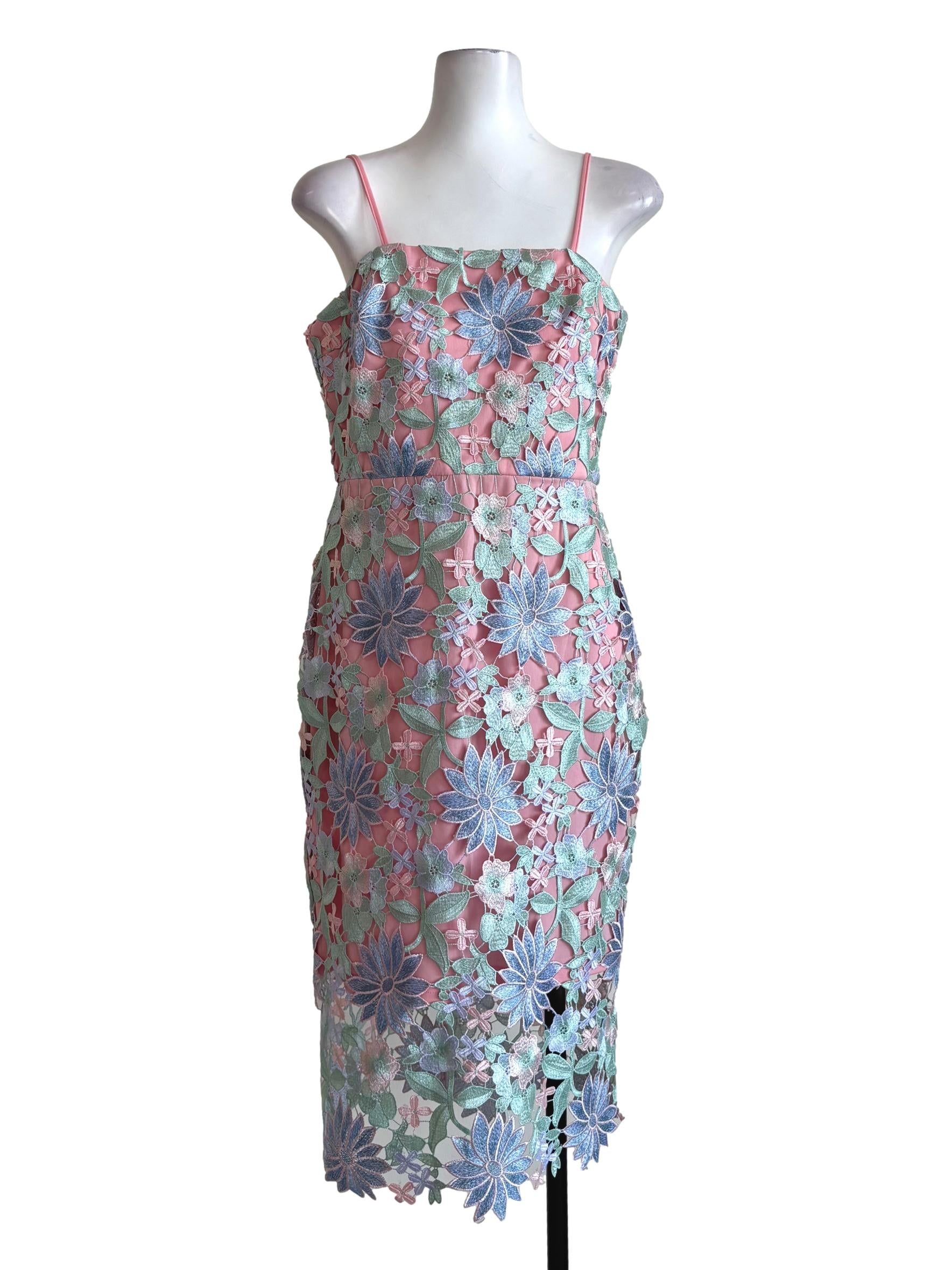 Rose Pink Pastel Blue Floral Lace Pencil Dress