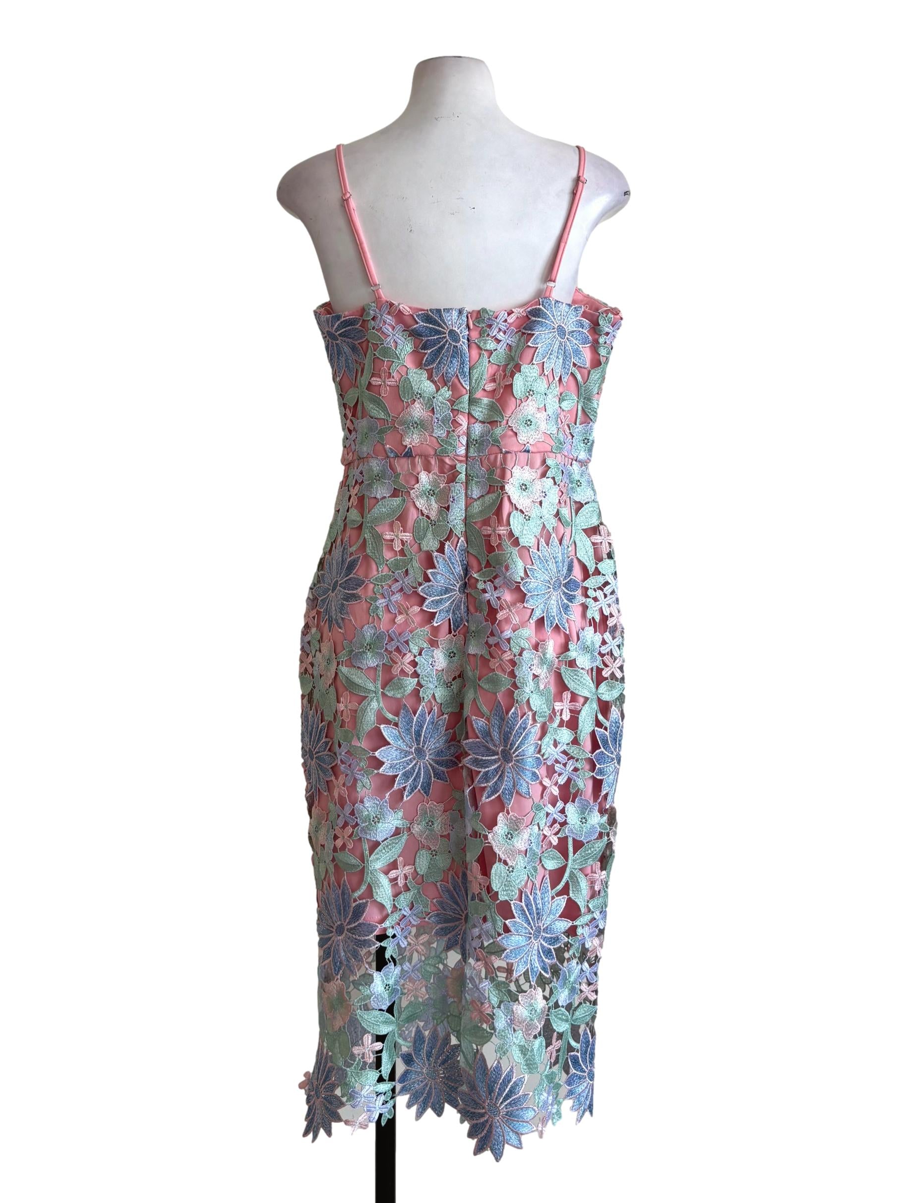 Rose Pink Pastel Blue Floral Lace Pencil Dress