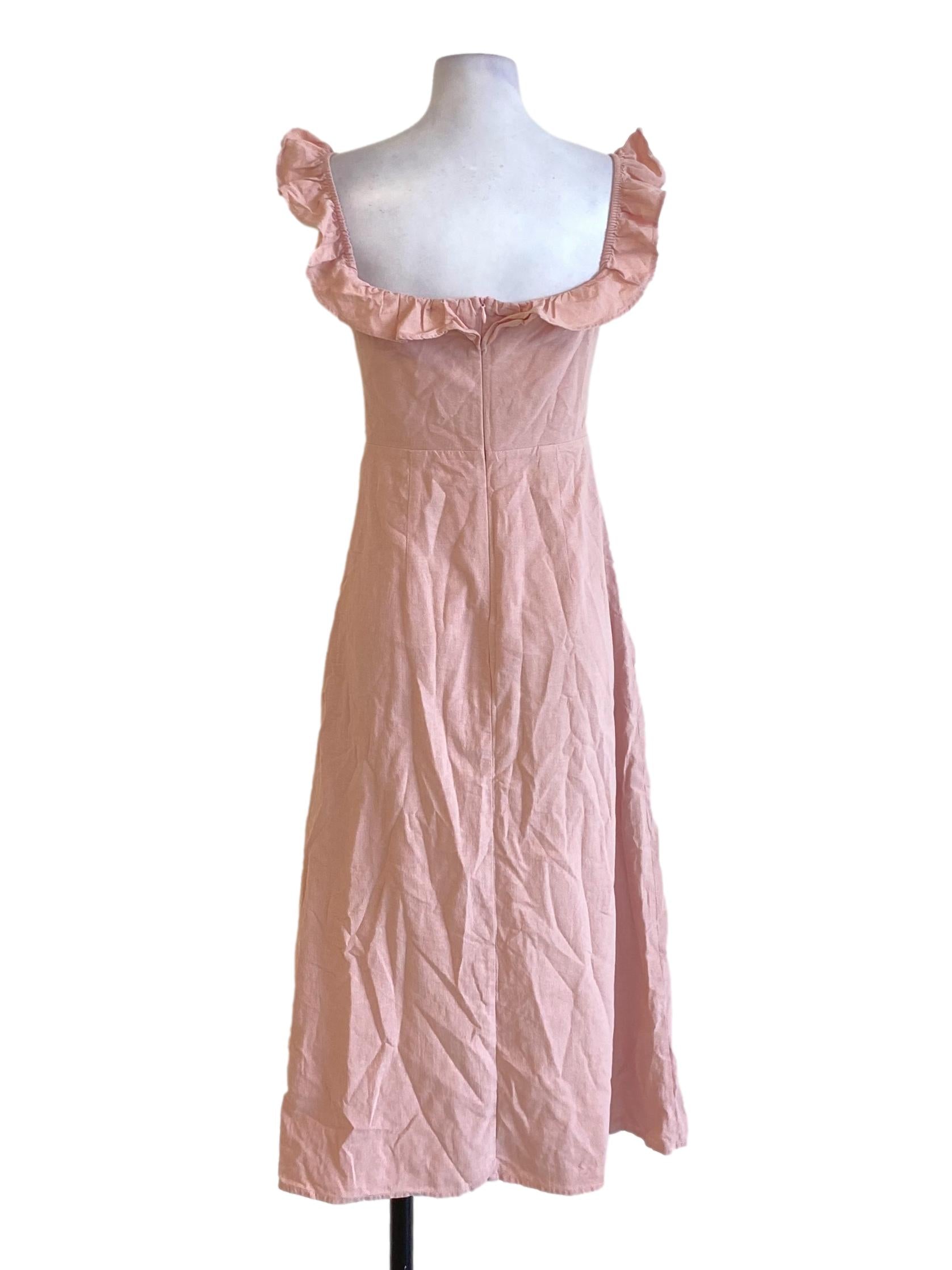 Crepe Pink Ruffle Neck A-Line Dress TTR