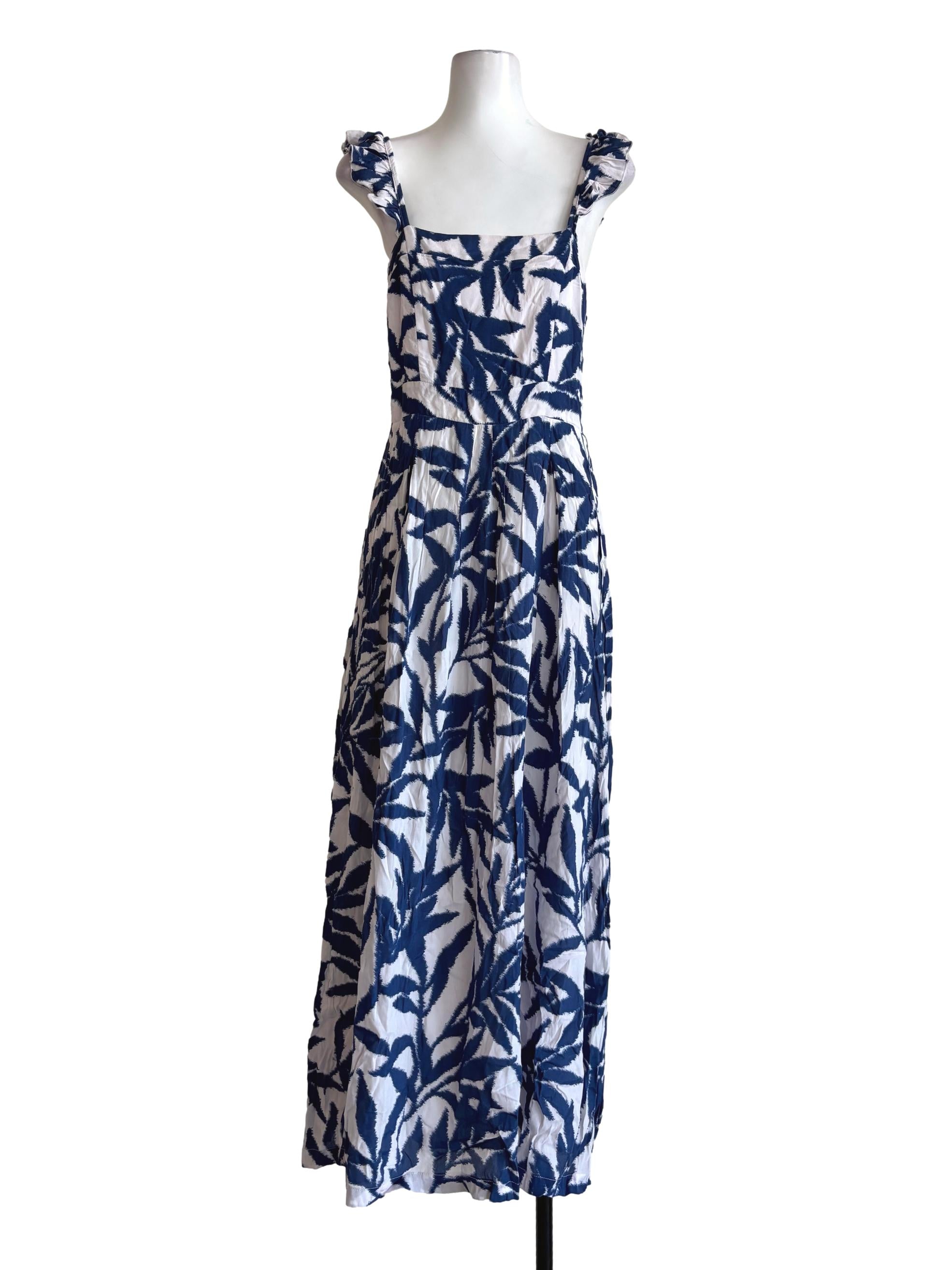 Blue Patterned Sleeveless Flowy Dress