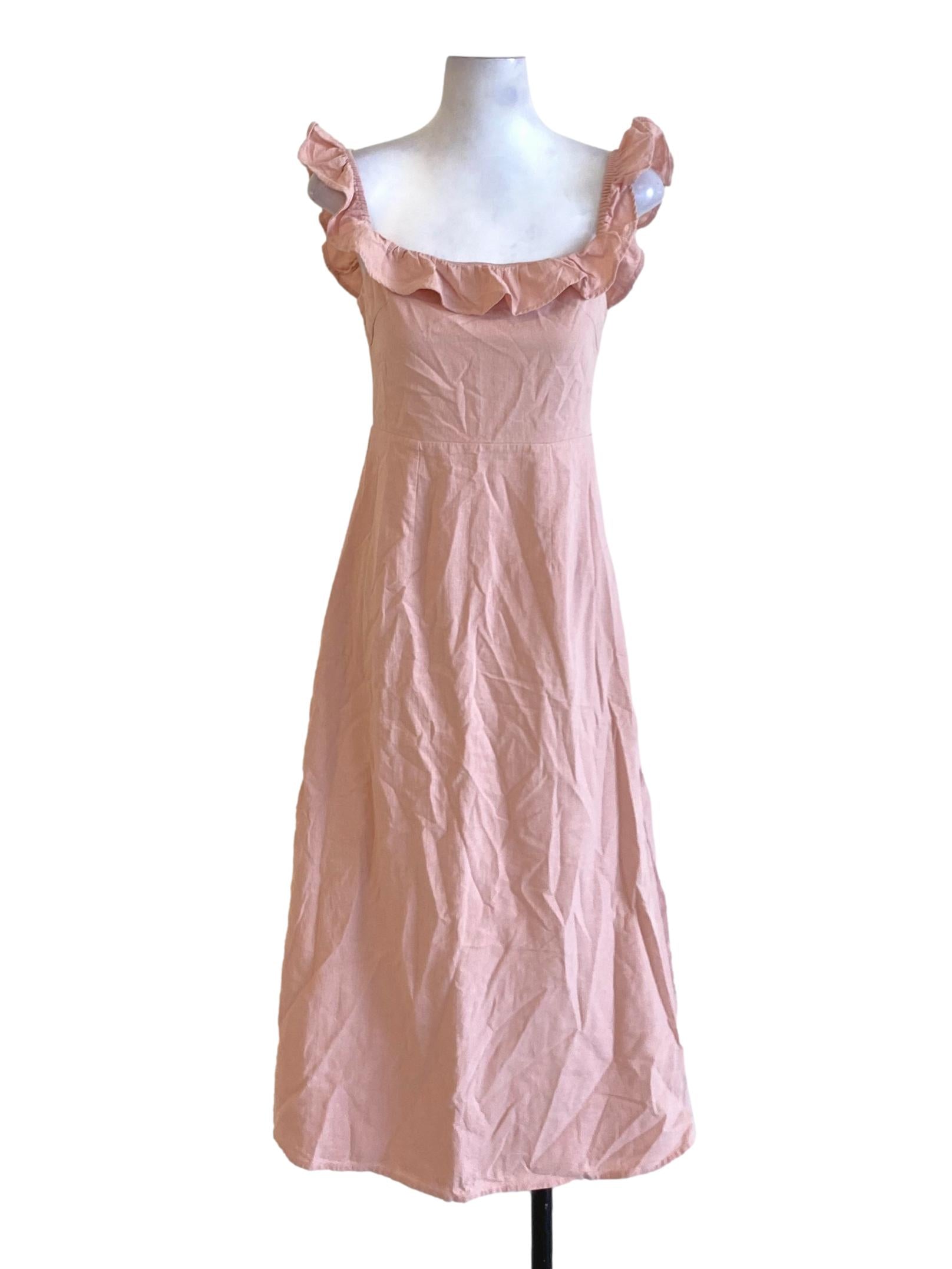 Crepe Pink Ruffle Neck A-Line Dress TTR