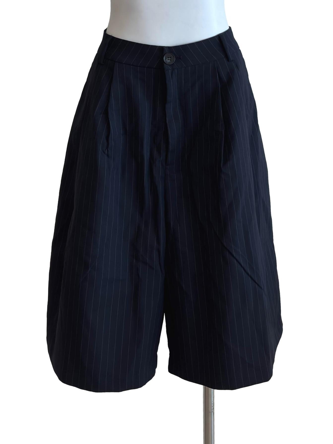 Dark Blue Pinstripe Wide Bermuda Shorts