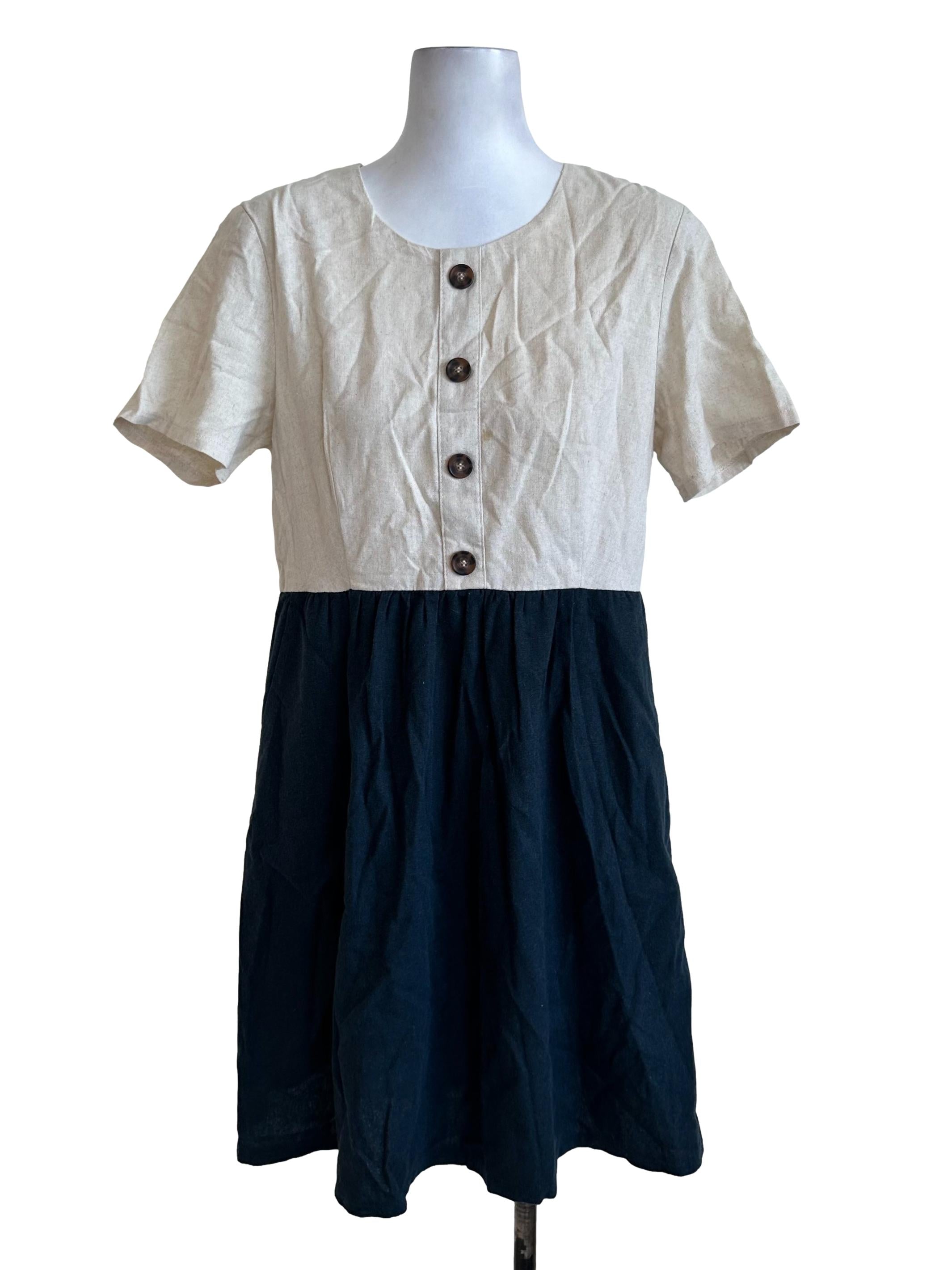 Beige Blue Button Short Sleeve Dress
