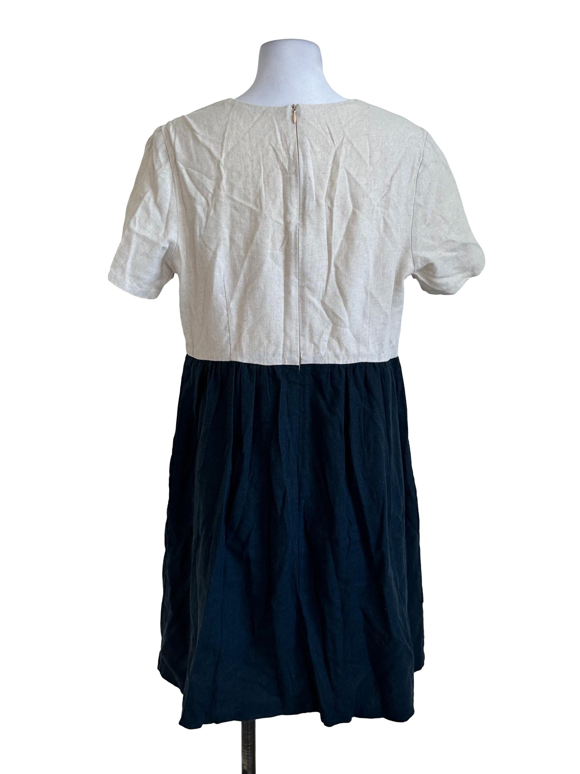 Beige Blue Button Short Sleeve Dress