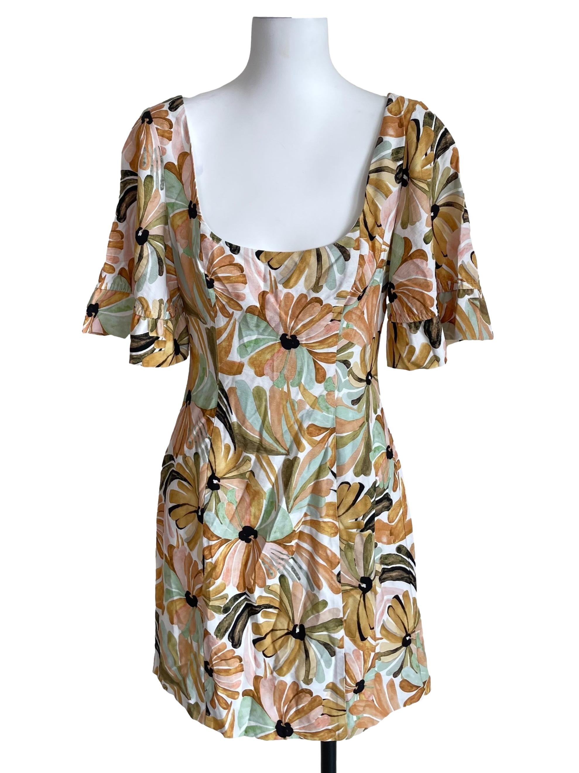 White & Honey Yellow Floral Scoop Neck Dress