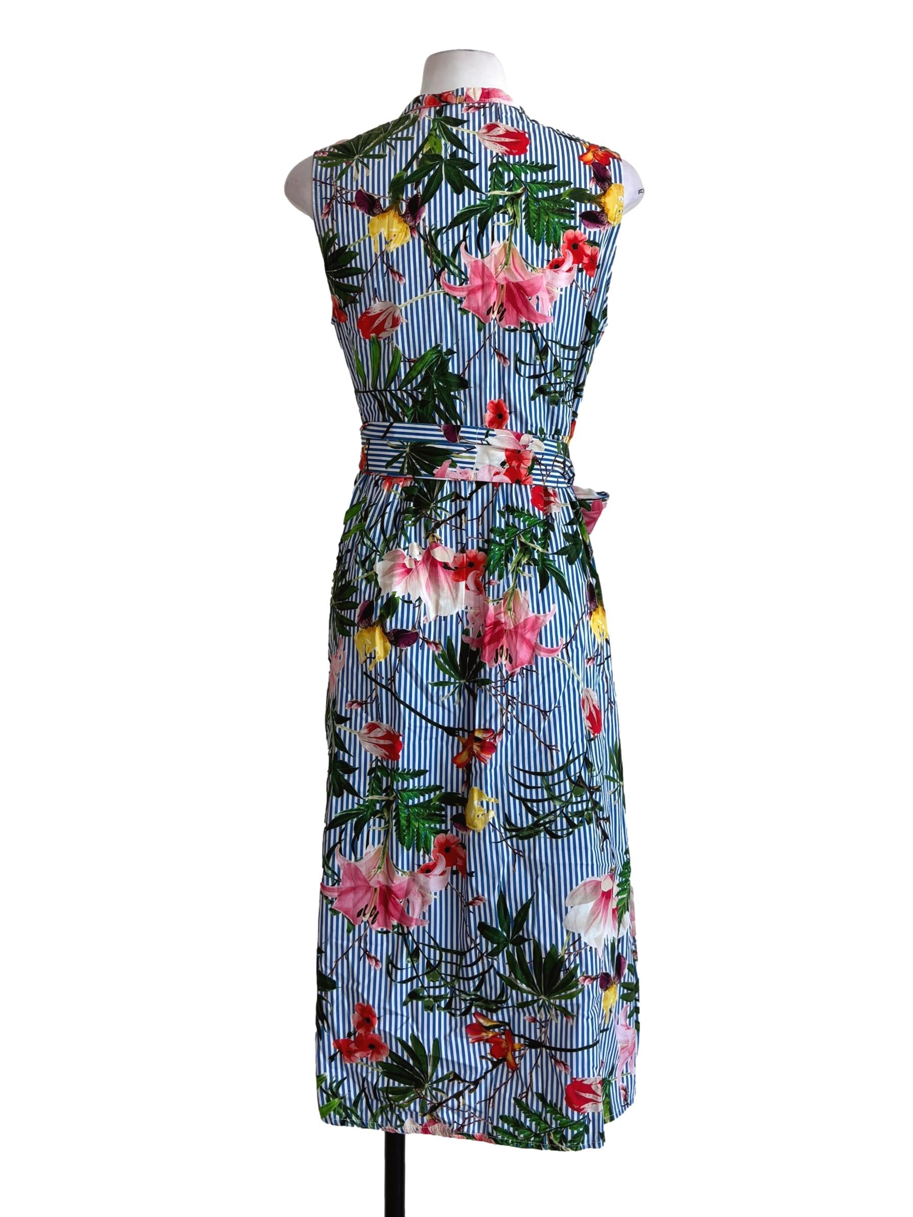 Blue Striped Patterned Sleeveless Cotton Dress