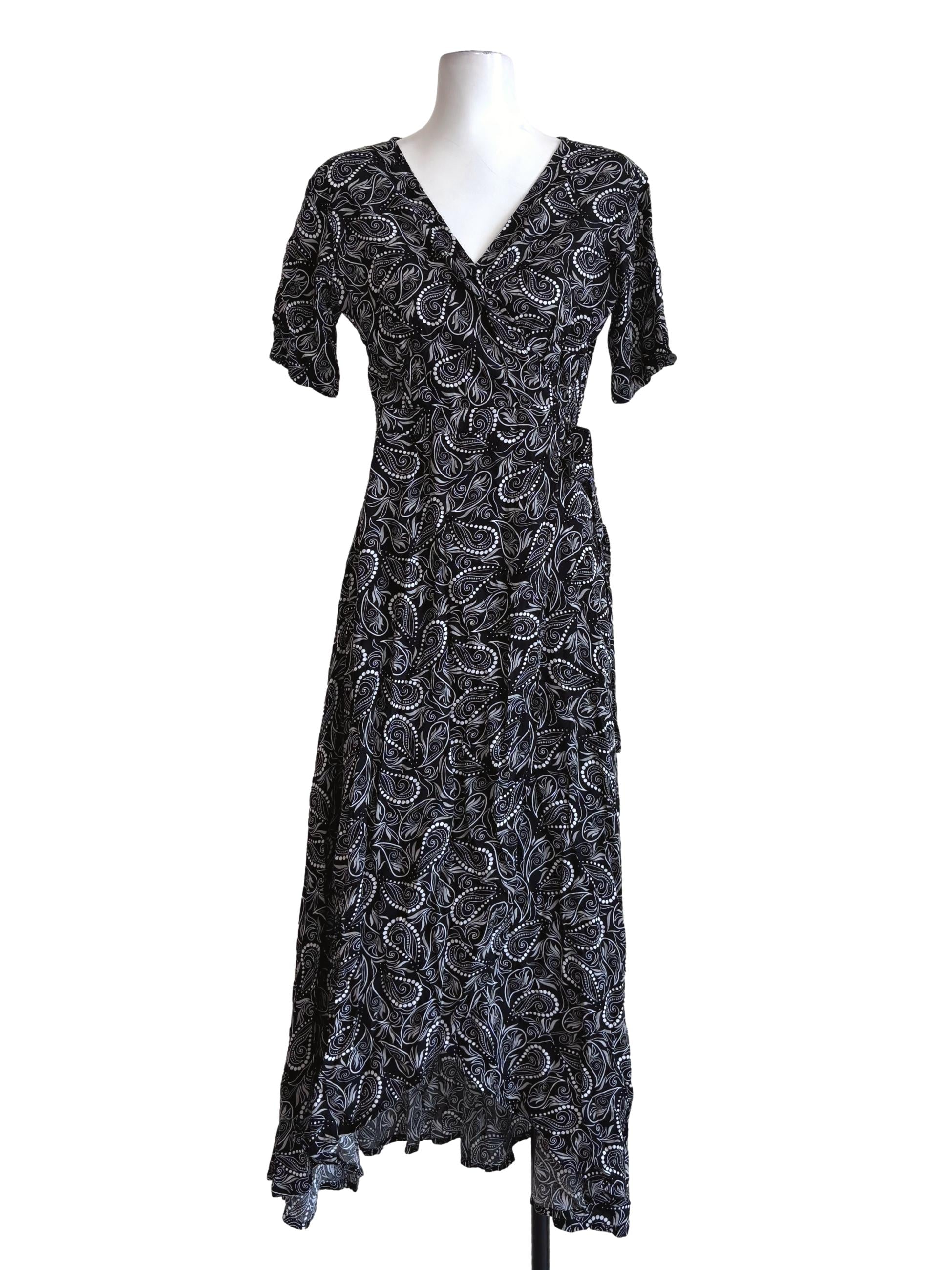 Black Abstract Print Wrap Dress