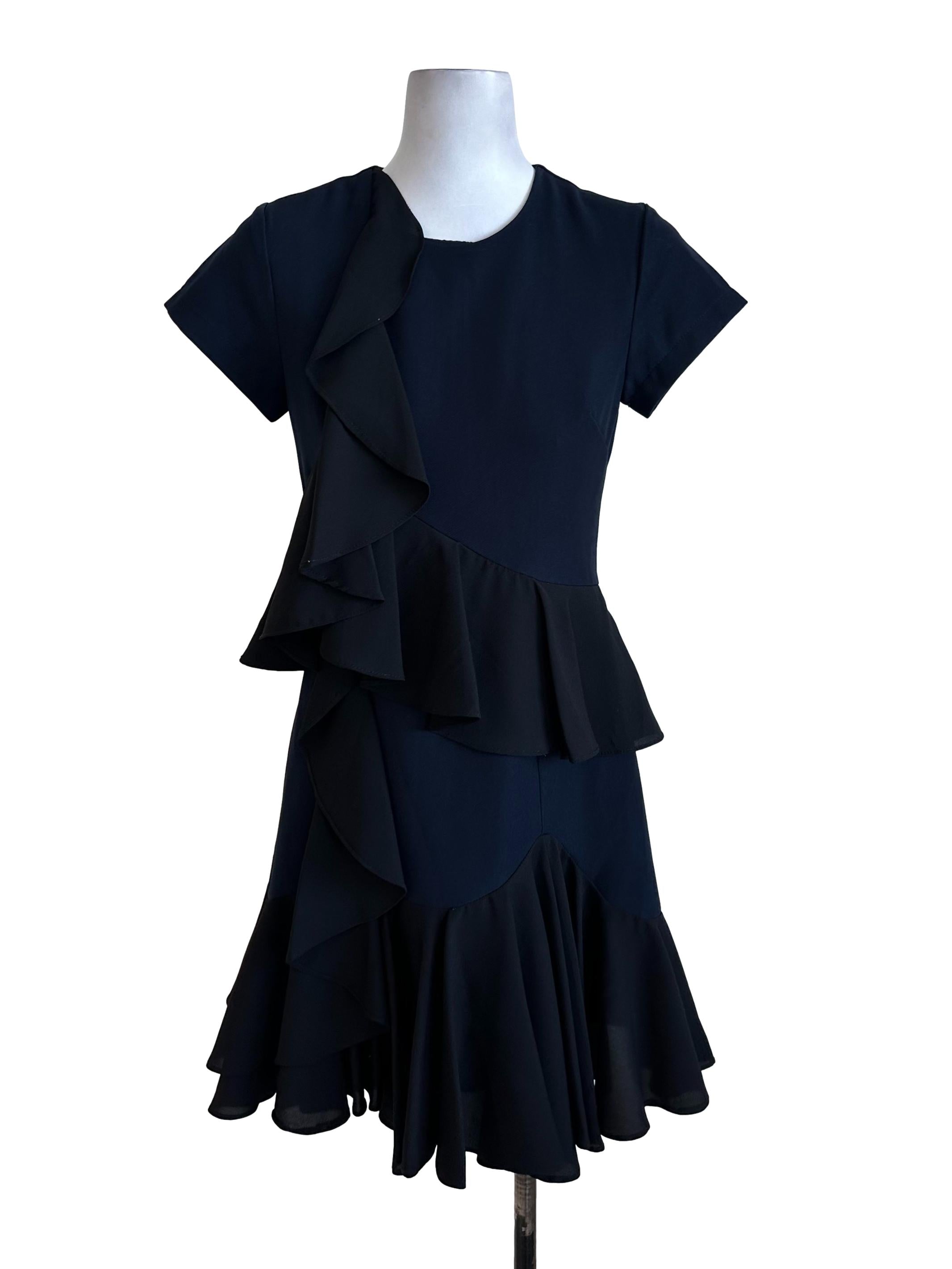 Blue Black Ruffle Short Sleeve Dress