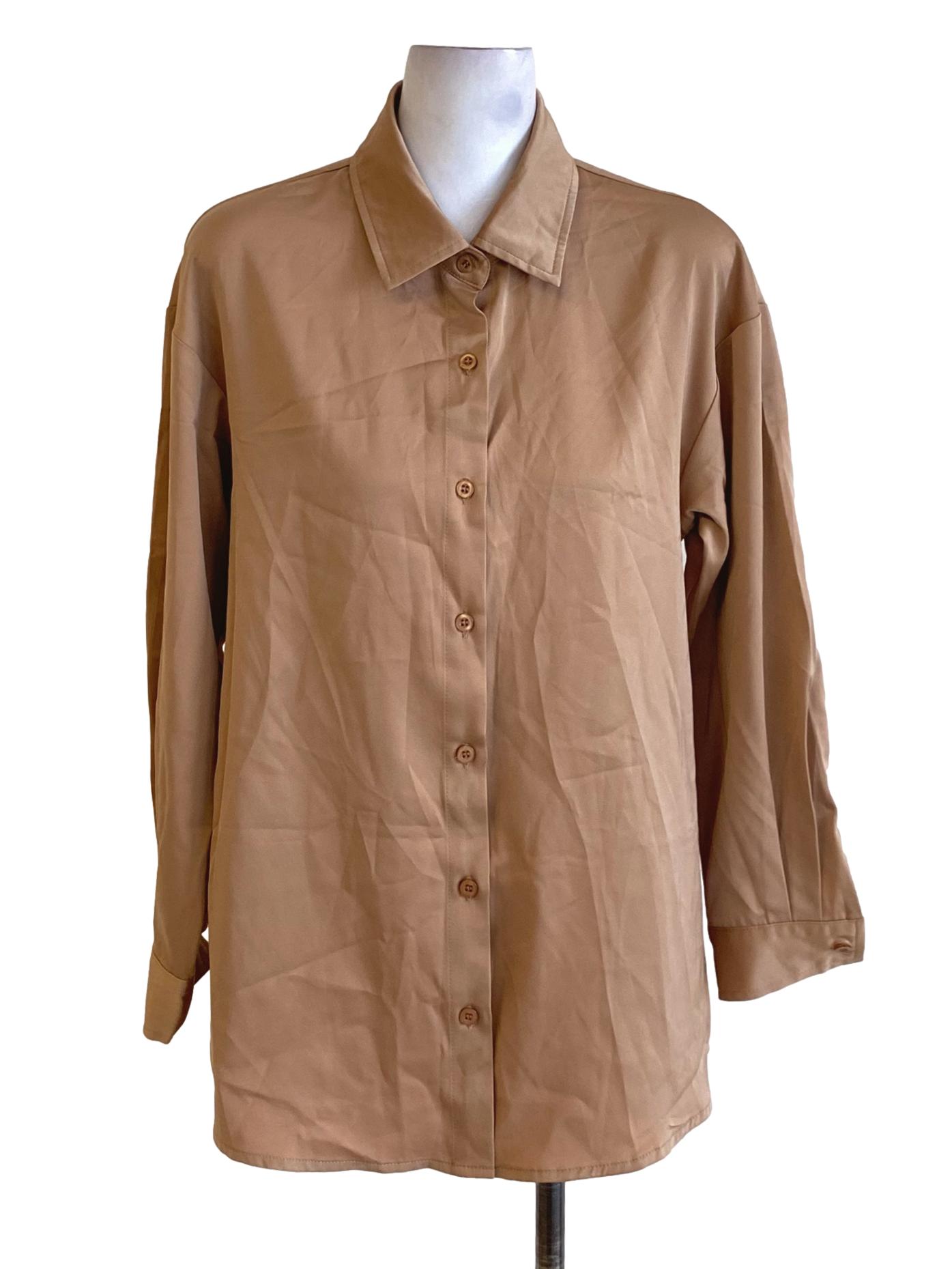 Dark Tortilla Brown Buttoned Down Long Sleeve Shirt Blouse