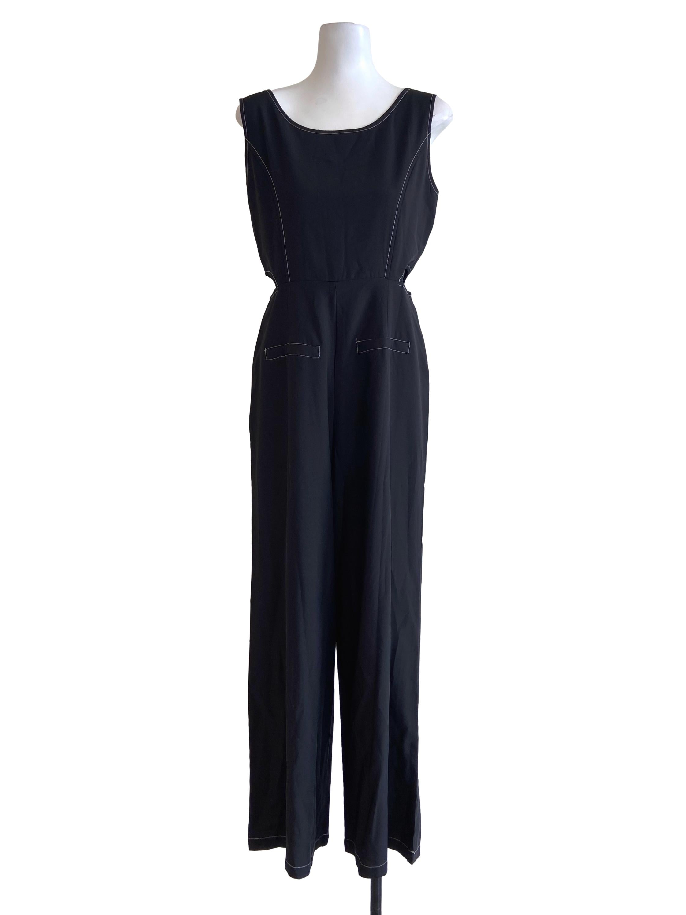 Black Sleeveless Silk Long Jumpsuits