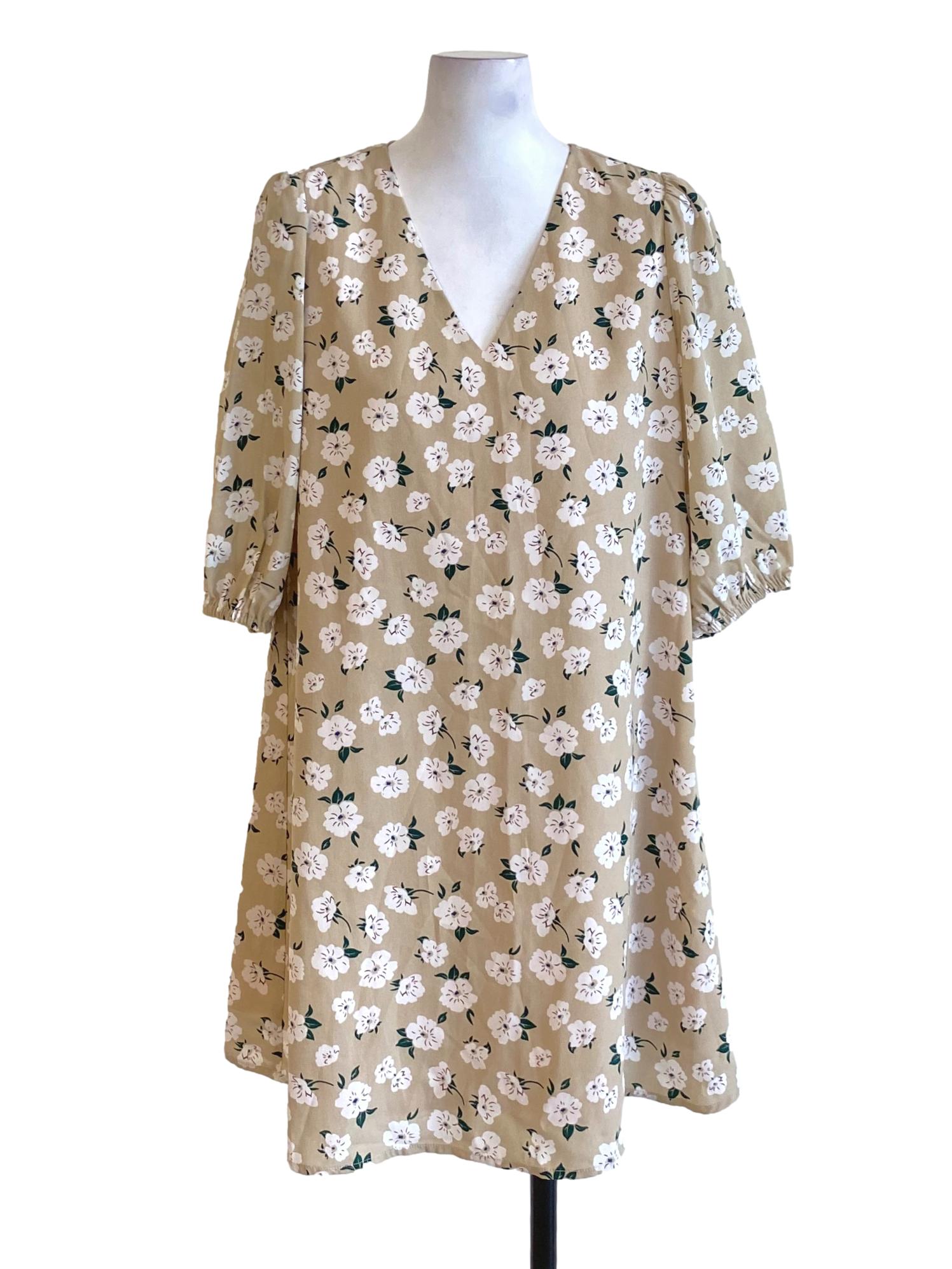 Beige Brown Floral V-Neck Long Blouse Dress